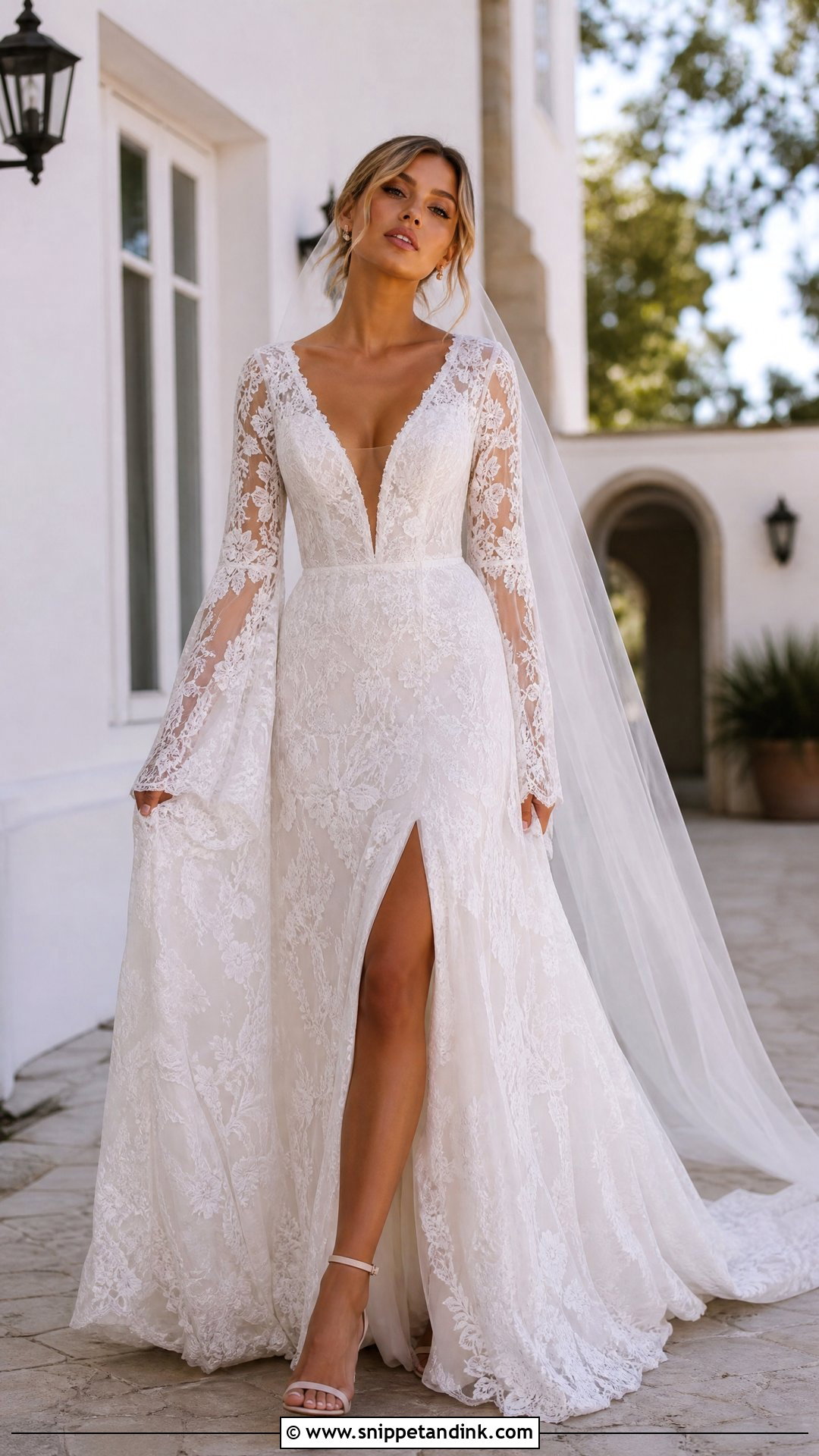 Plunging V Neck Wedding Dress With Bell Sleeves - Snippet and Ink - 20 Wedding Dress with Bell Sleeves
