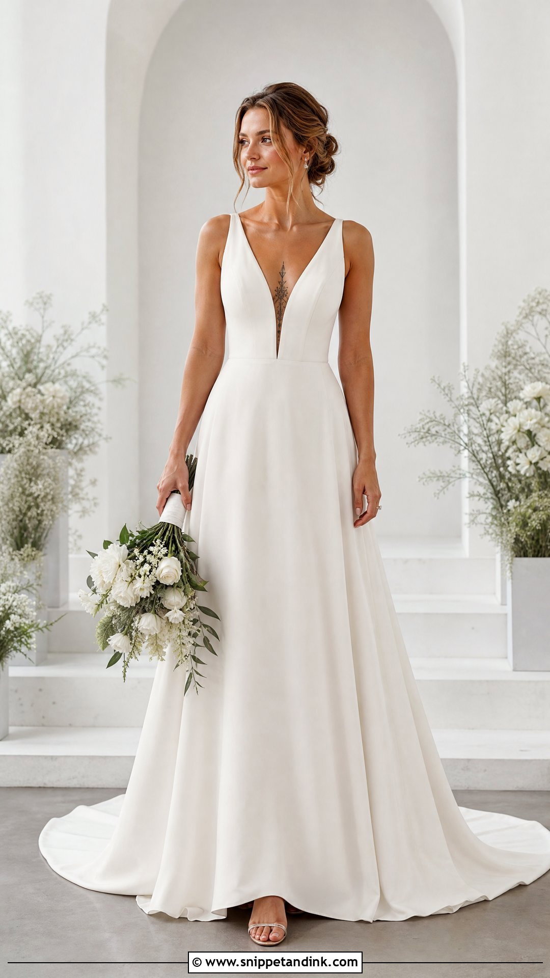 Plunging V Neck Wedding Dress With Sternum Tattoo - Snippet and Ink - 20 Tattoos in Wedding Dress Ideas