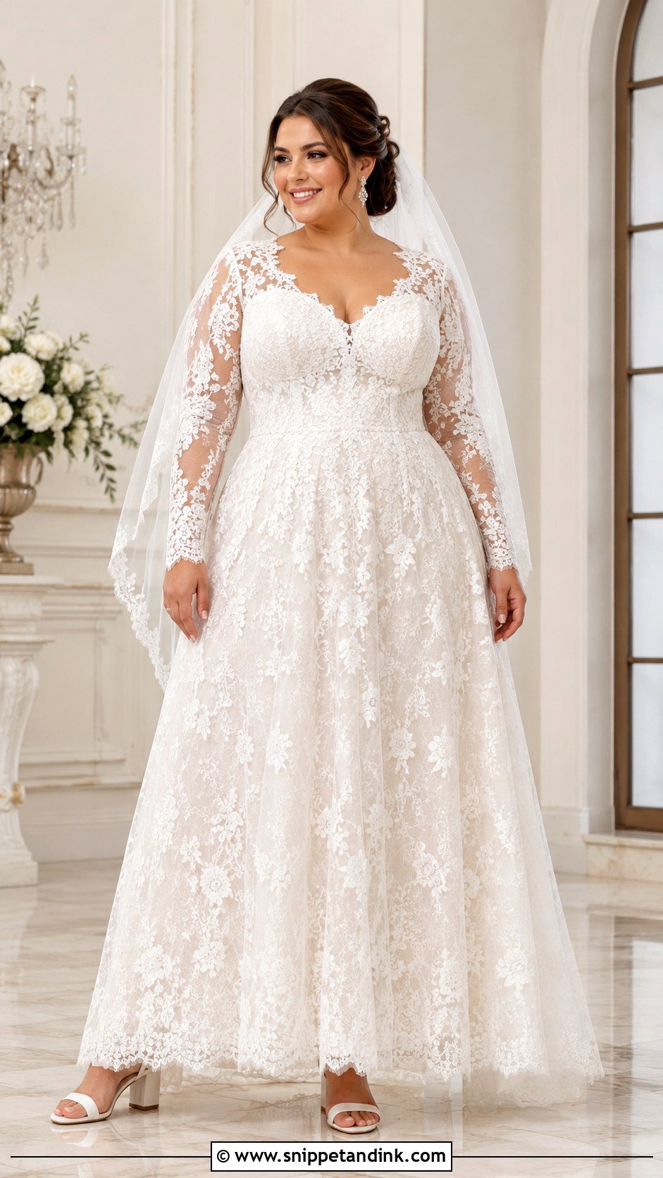 Plus Size A Line Lace Wedding Dress With Sleeves - Snippet and Ink - 20 Lacy Wedding Dresses with Sleeves