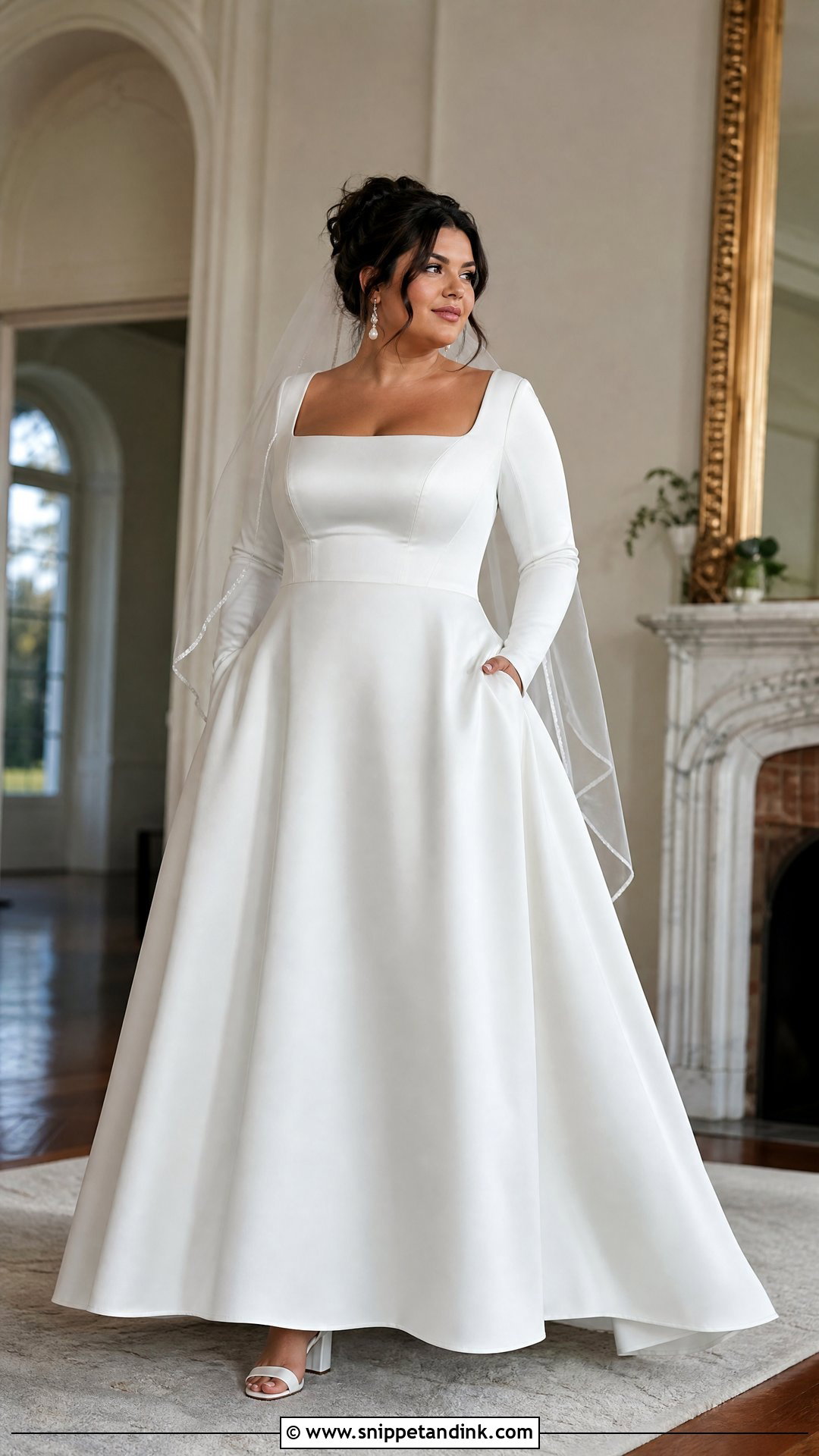 Plus Size A Line Square Neck Long Sleeve Wedding Dress - Snippet and Ink - 20 Square Neck Long Sleeve Wedding Dress Ideas