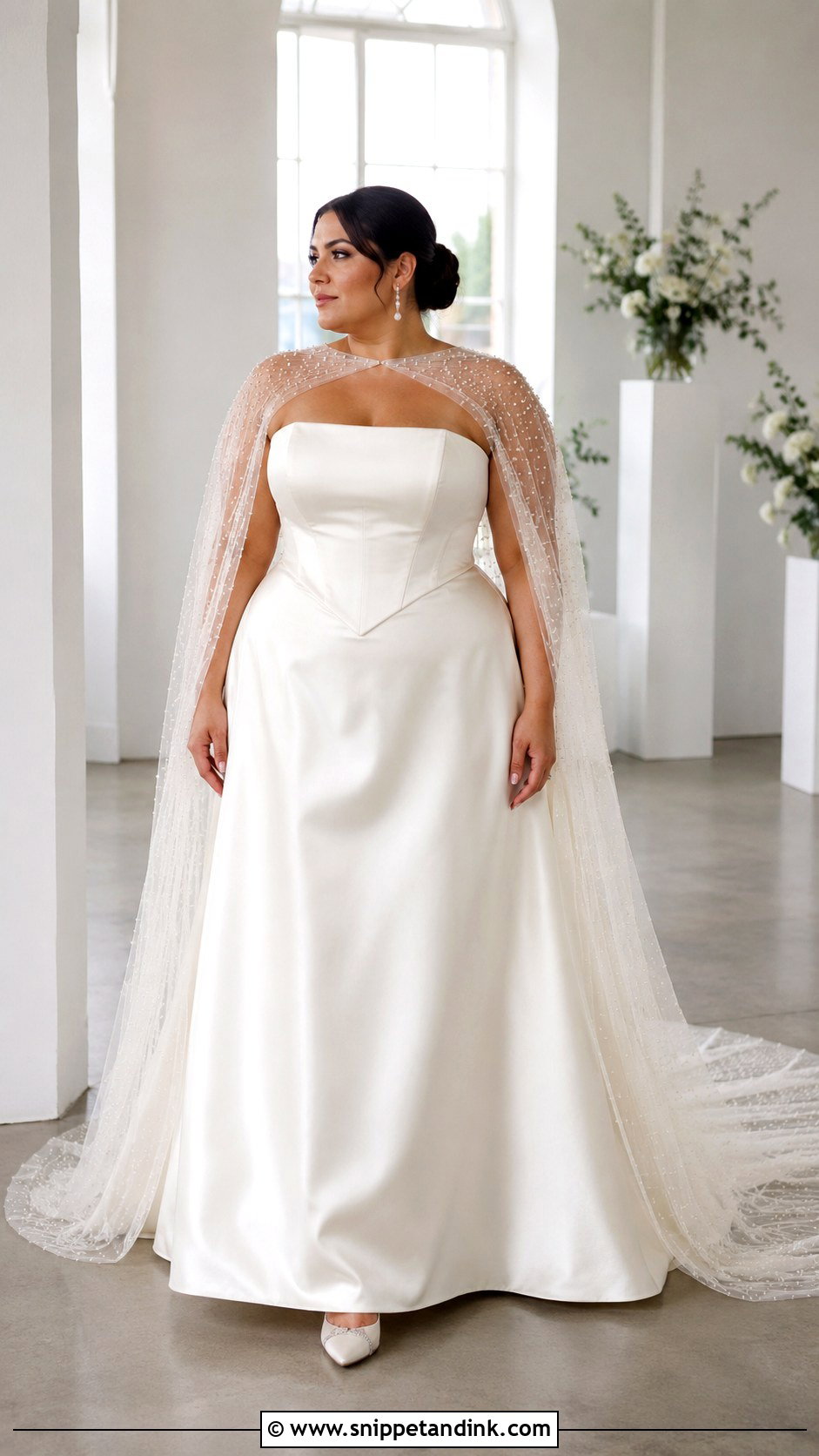 Plus Size Basque Waist Dress With Bridal Cape - Snippet and Ink - 20 Basque Waist Wedding Dress Plus Size Ideas