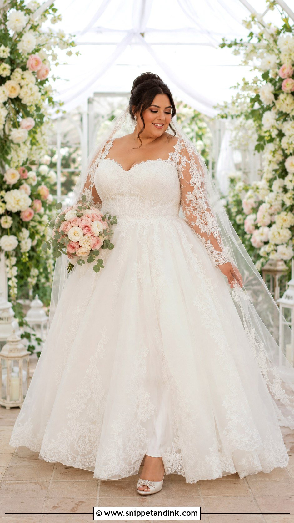 Plus Size Basque Waist Lace Sleeve Ball Gown - Snippet and Ink - 20 Basque Waist Wedding Dress Plus Size Ideas