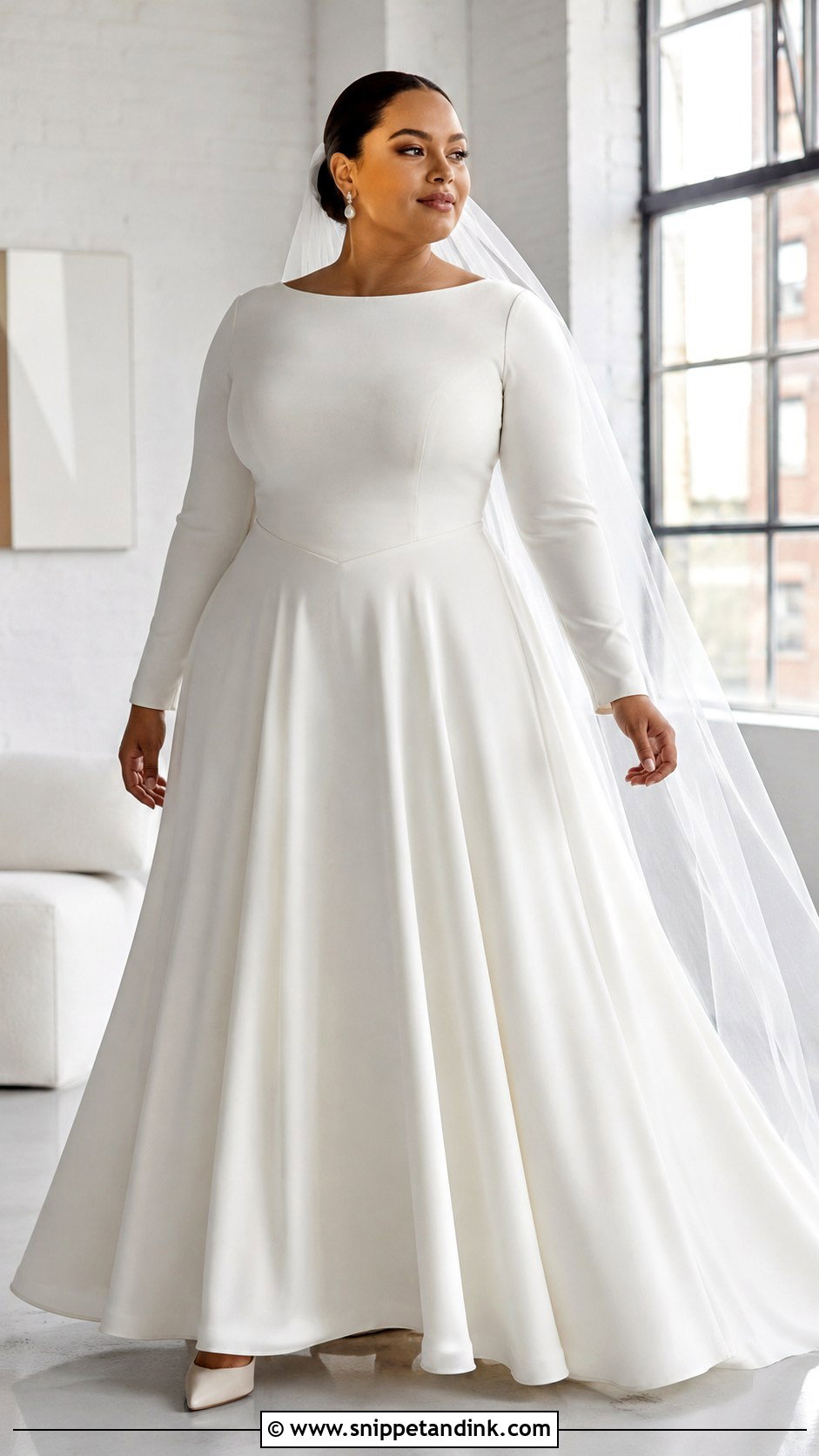 Plus Size Basque Waist Long Sleeve Crepe Gown - Snippet and Ink - 20 Basque Waist Wedding Dress Plus Size Ideas