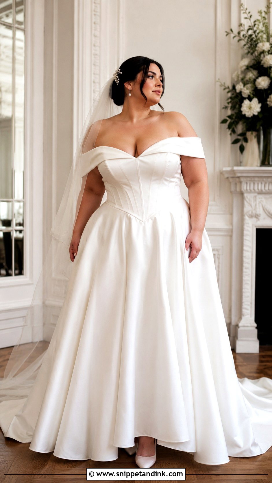 Plus Size Basque Waist Off Shoulder Satin Dress - Snippet and Ink - 20 Basque Waist Wedding Dress Plus Size Ideas