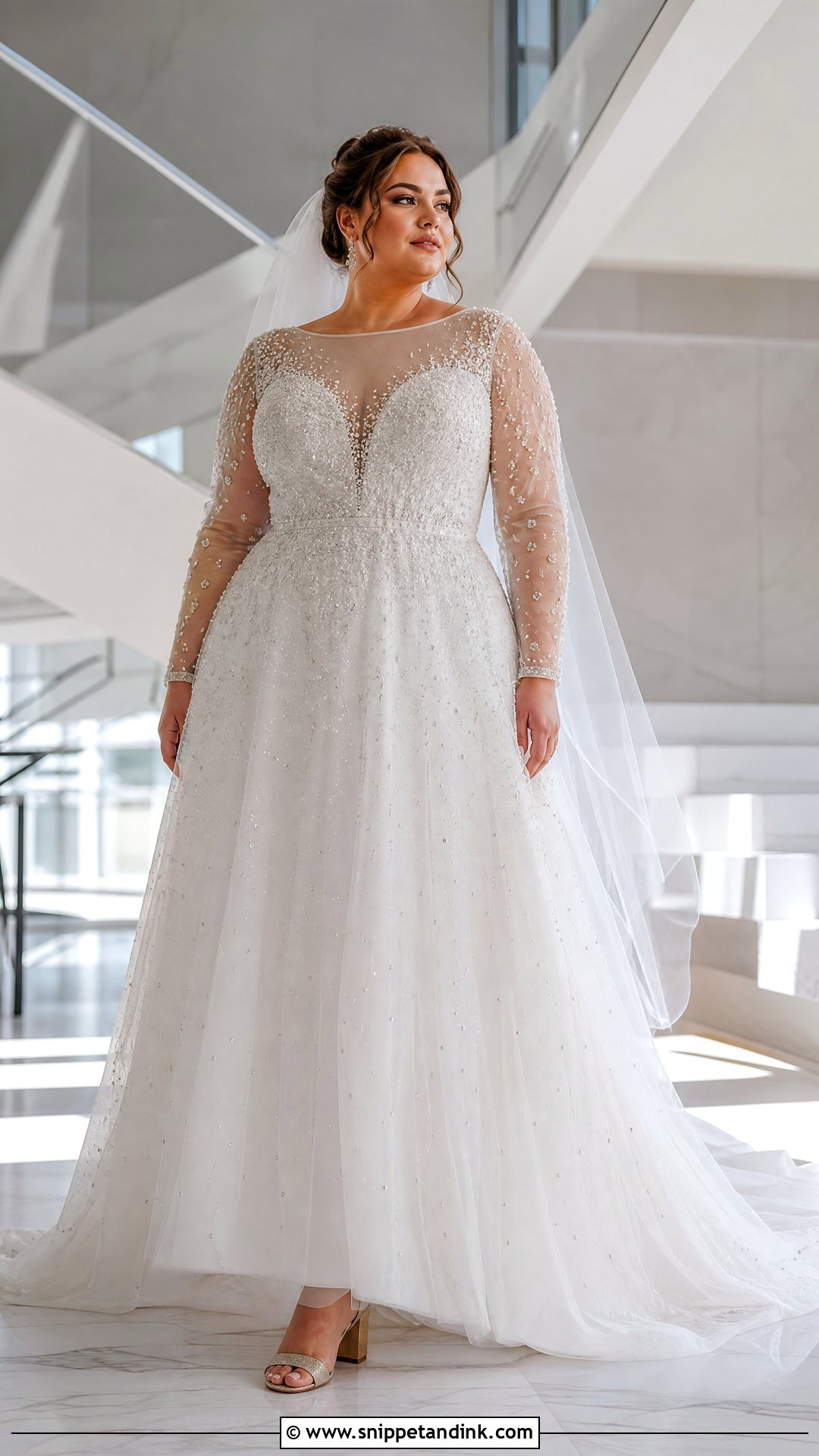 Plus Size Beaded A Line Wedding Dress With Illusion Sleeves - Snippet and Ink - 20 Plus Size a Line Wedding Dresses