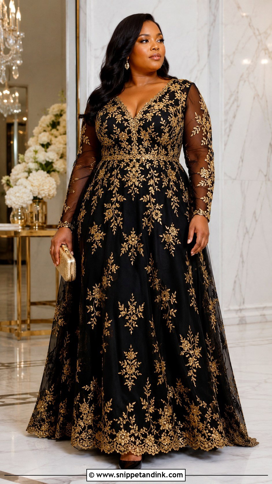 Plus Size Black And Gold Embroidered Gown - Snippet and Ink - 20 Plus Size Formal Dresses for Wedding