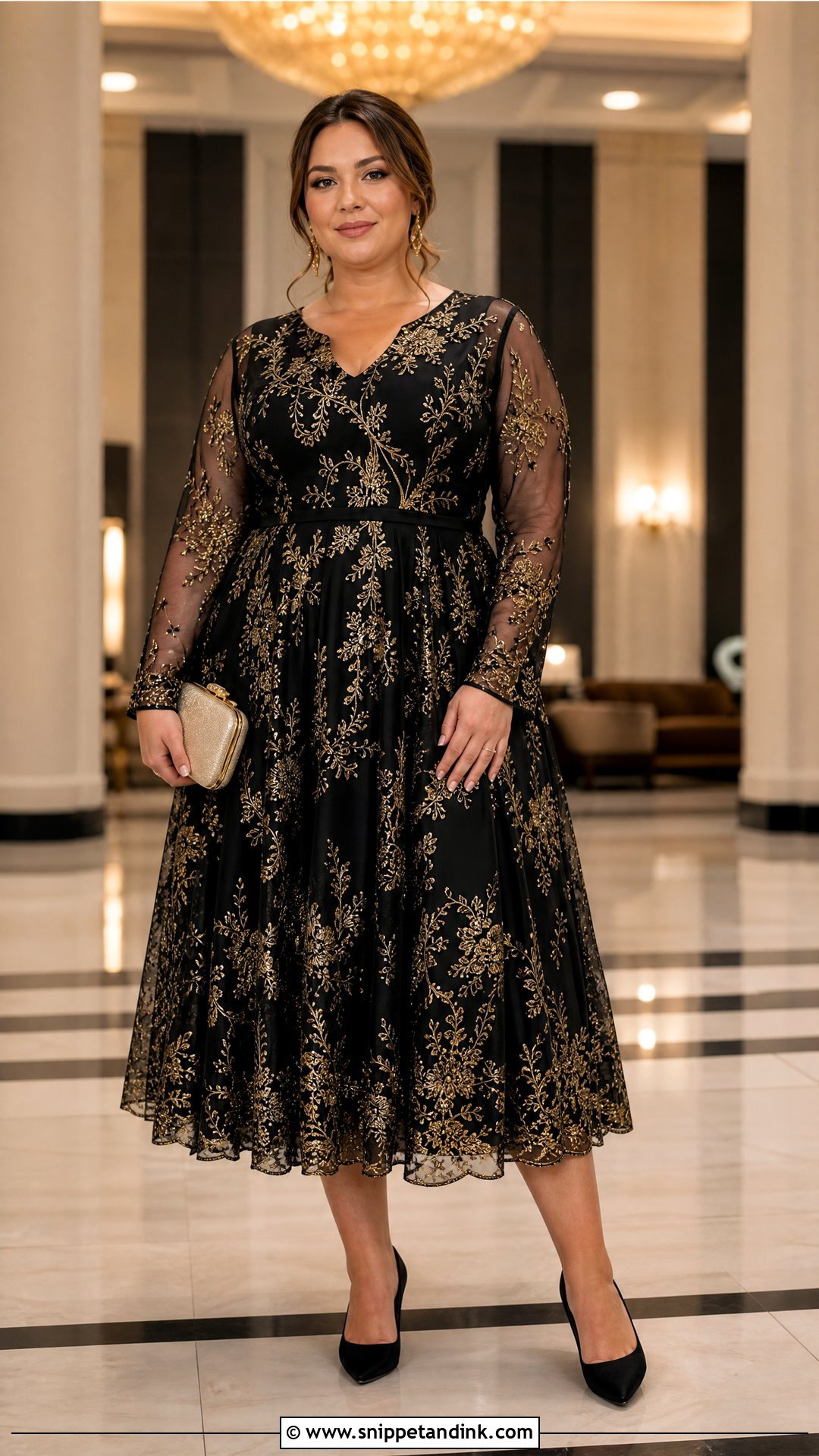 Plus Size Black And Gold Midi Dress - Snippet and Ink - 20 Plus Size Party Dresses for Wedding
