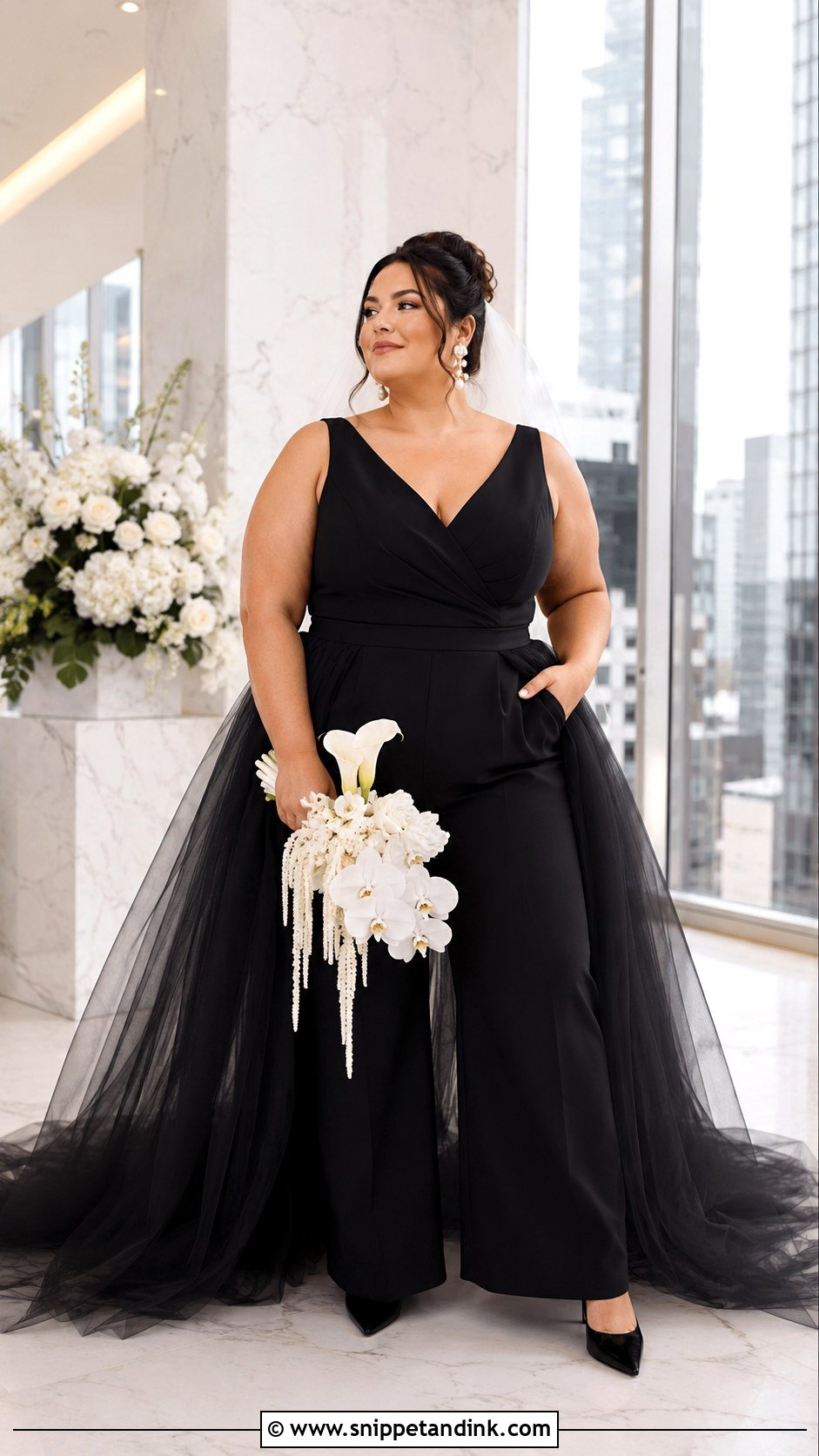 Plus Size Black Wedding Jumpsuit With Overskirt - Snippet and Ink - 20 Black Wedding Dress Plus Size Ideas