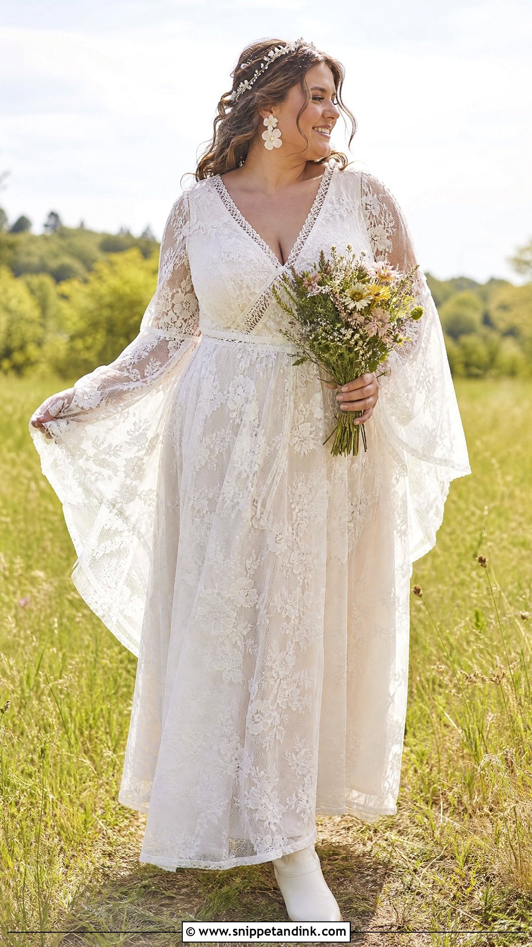 Plus Size Boho Lace A Line Wedding Dress With Bell Sleeves - Snippet and Ink - 20 Plus Size a Line Wedding Dresses