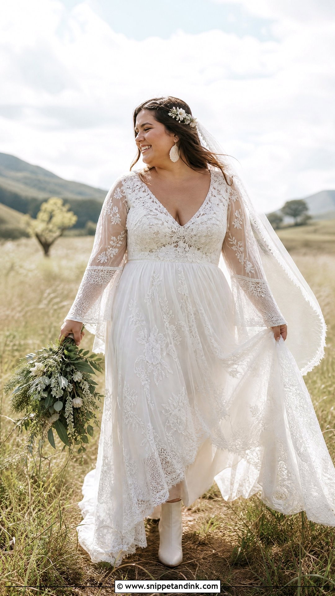 Plus Size Boho Lace Wedding Dress With Bell Sleeves - Snippet and Ink - 20 Plus Size Lace Wedding Dress Ideas