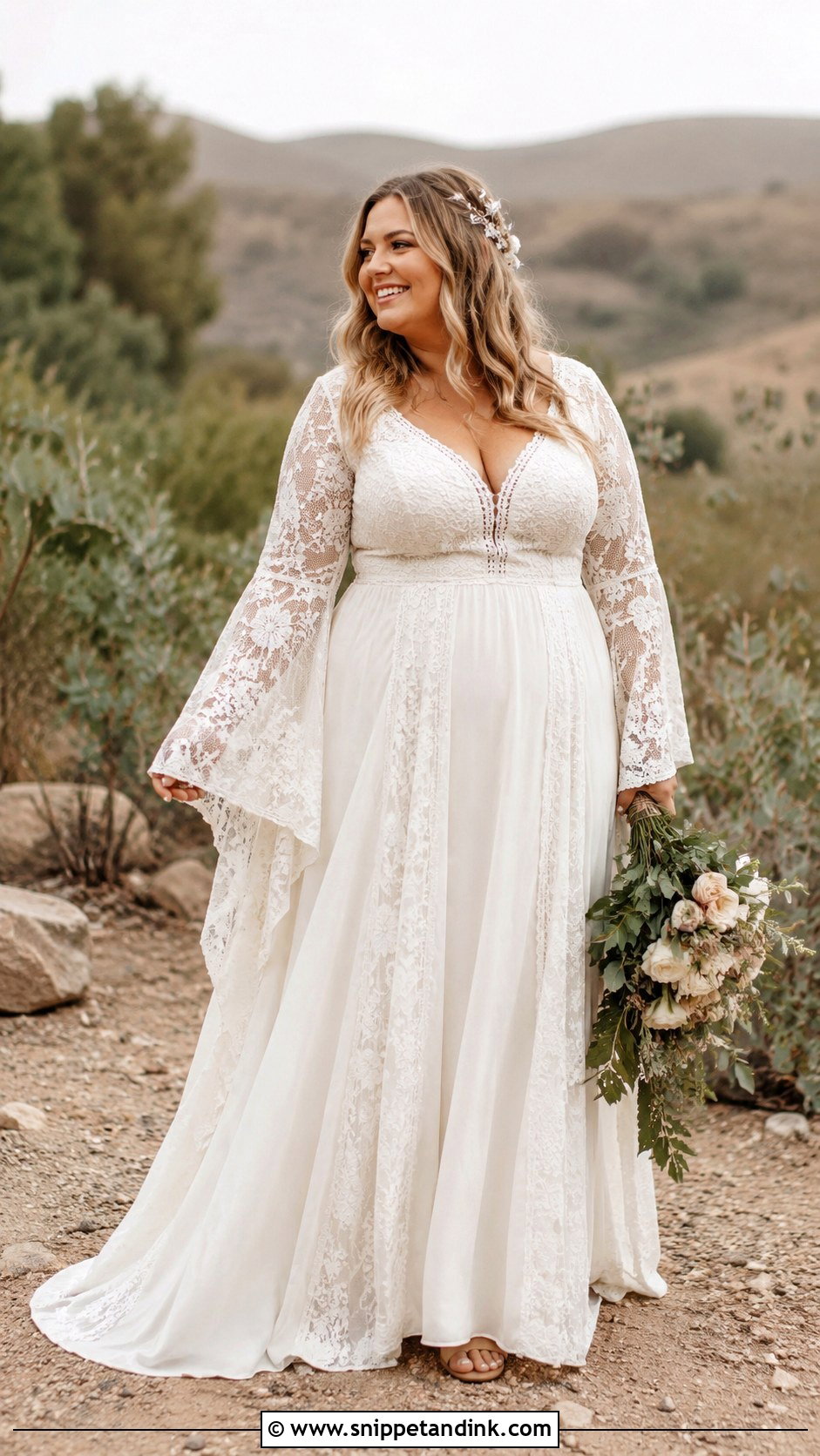 Plus Size Boho Wedding Dress With Bell Sleeves - Snippet and Ink - 25 Plus Size Wedding Dresses with Sleeves
