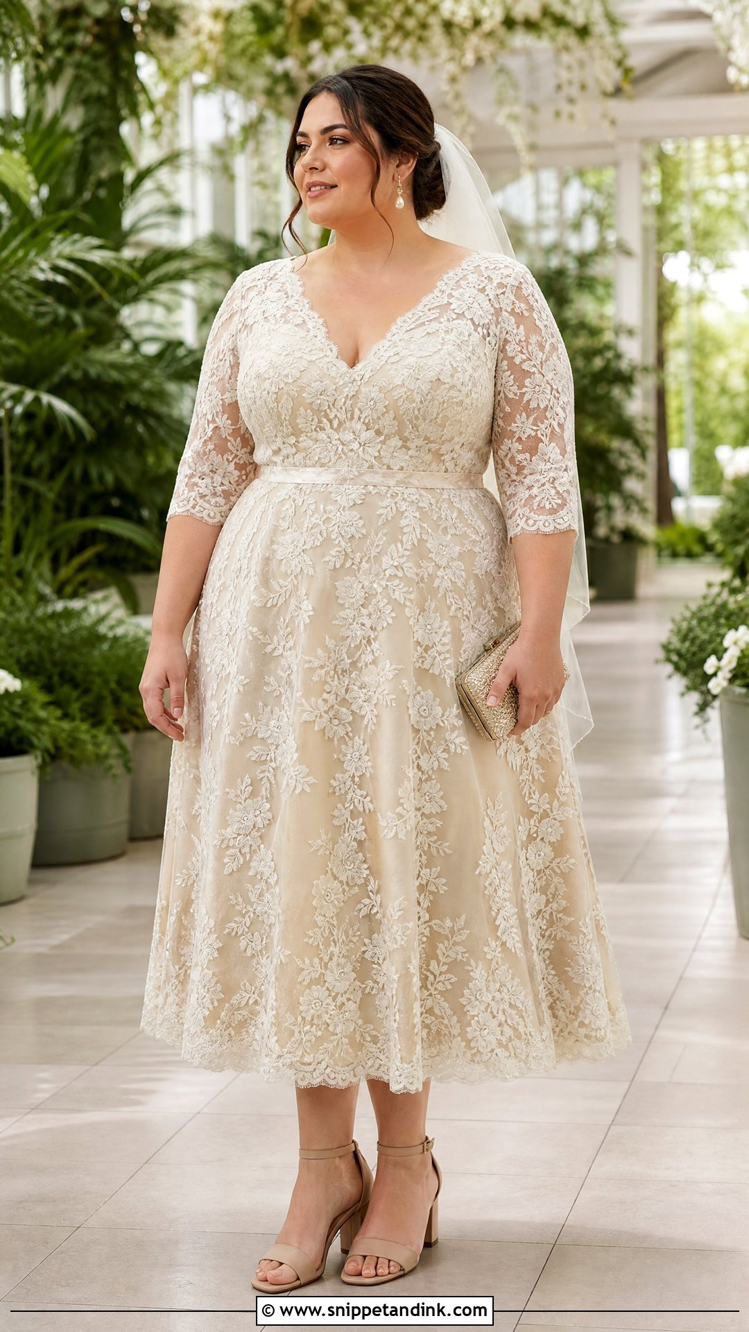 Plus Size Champagne Tea Length Wedding Dress - Snippet and Ink - 20 Plus Size Tea Length Wedding Dress Ideas
