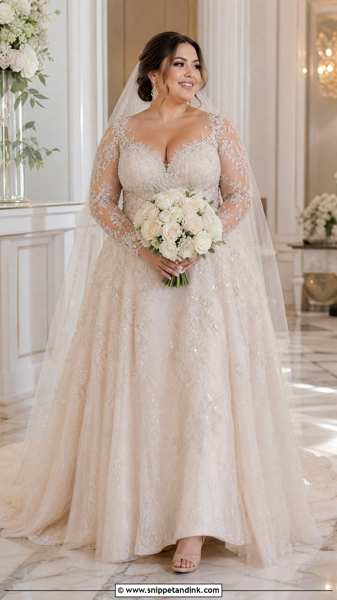 Plus Size Champagne Wedding Dress With Beaded Sleeves - Snippet and Ink - 20 Plus Size Wedding Dress with Sleeves
