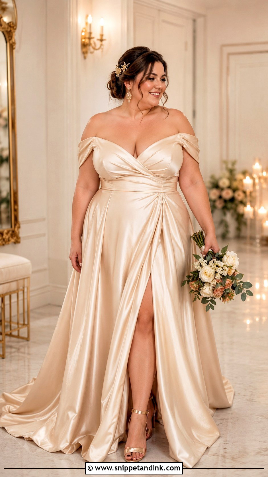Plus Size Champagne Wedding Dress With Gold Accessories - Snippet and Ink - 25 Unique Plus Size Wedding Dresses