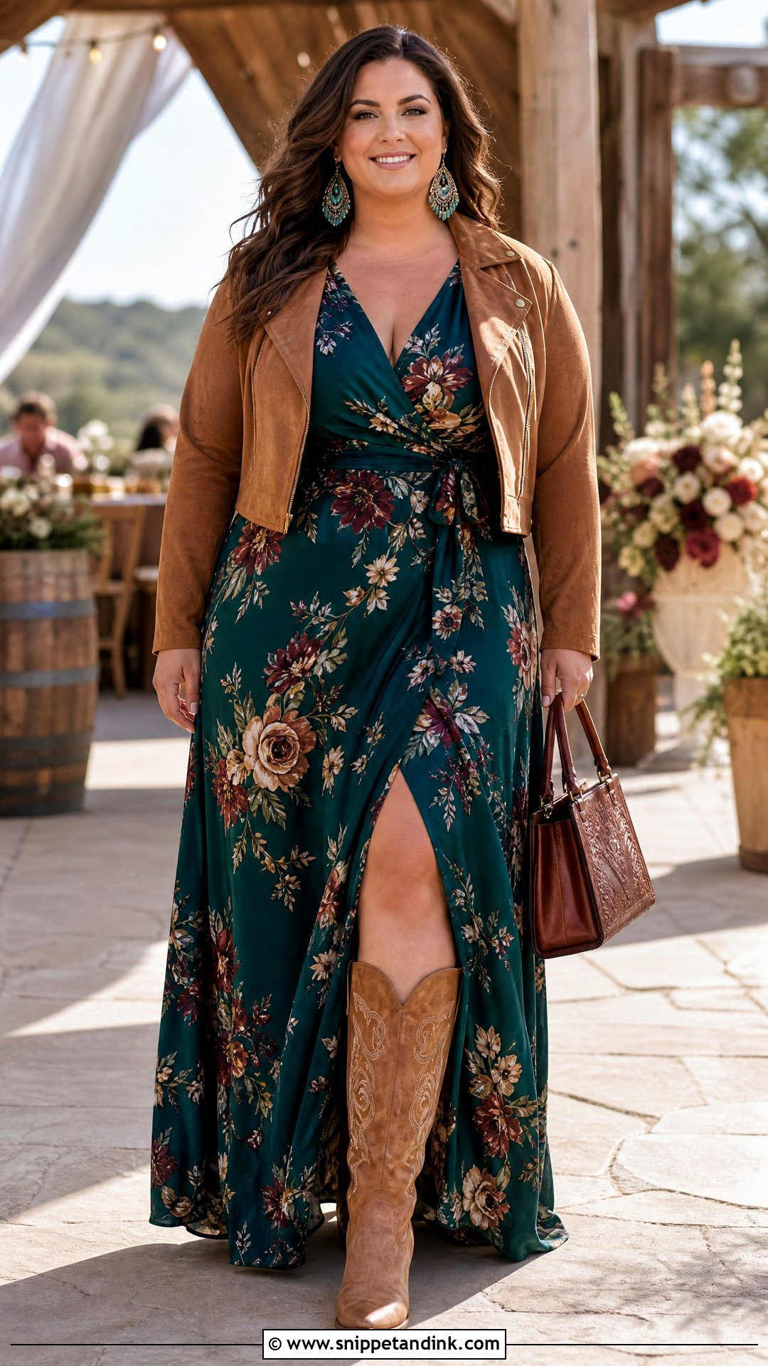 Plus Size Cowboy Wedding Wrap Maxi Dress With Boots - Snippet and Ink - 25 Cowboy Wedding Attire Ideas