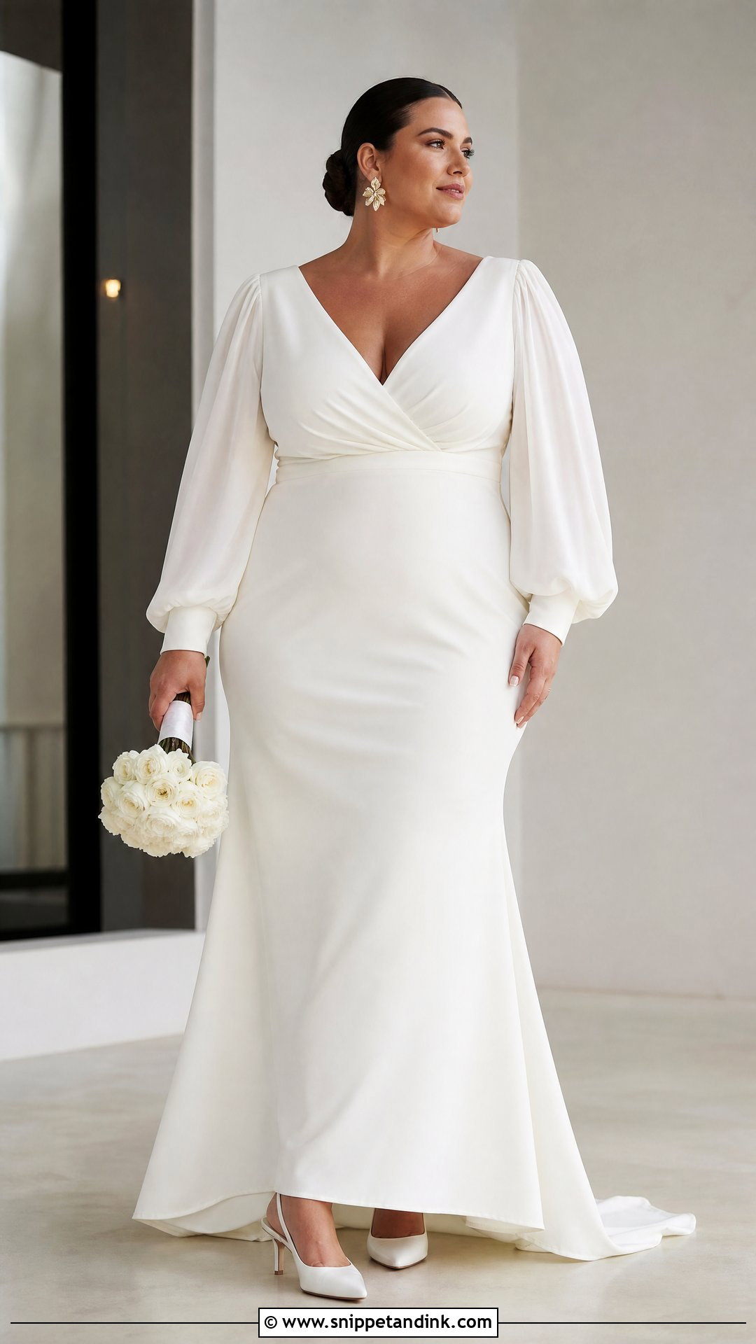 Plus Size Crepe Wedding Dress With Bishop Sleeves - Snippet and Ink - 20 Plus Size Wedding Dress with Sleeves