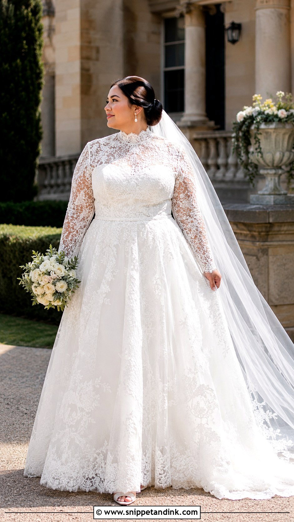 Plus Size High Neck Lace Wedding Dress - Snippet and Ink - 20 Lily Collin’s Wedding Dress Ideas