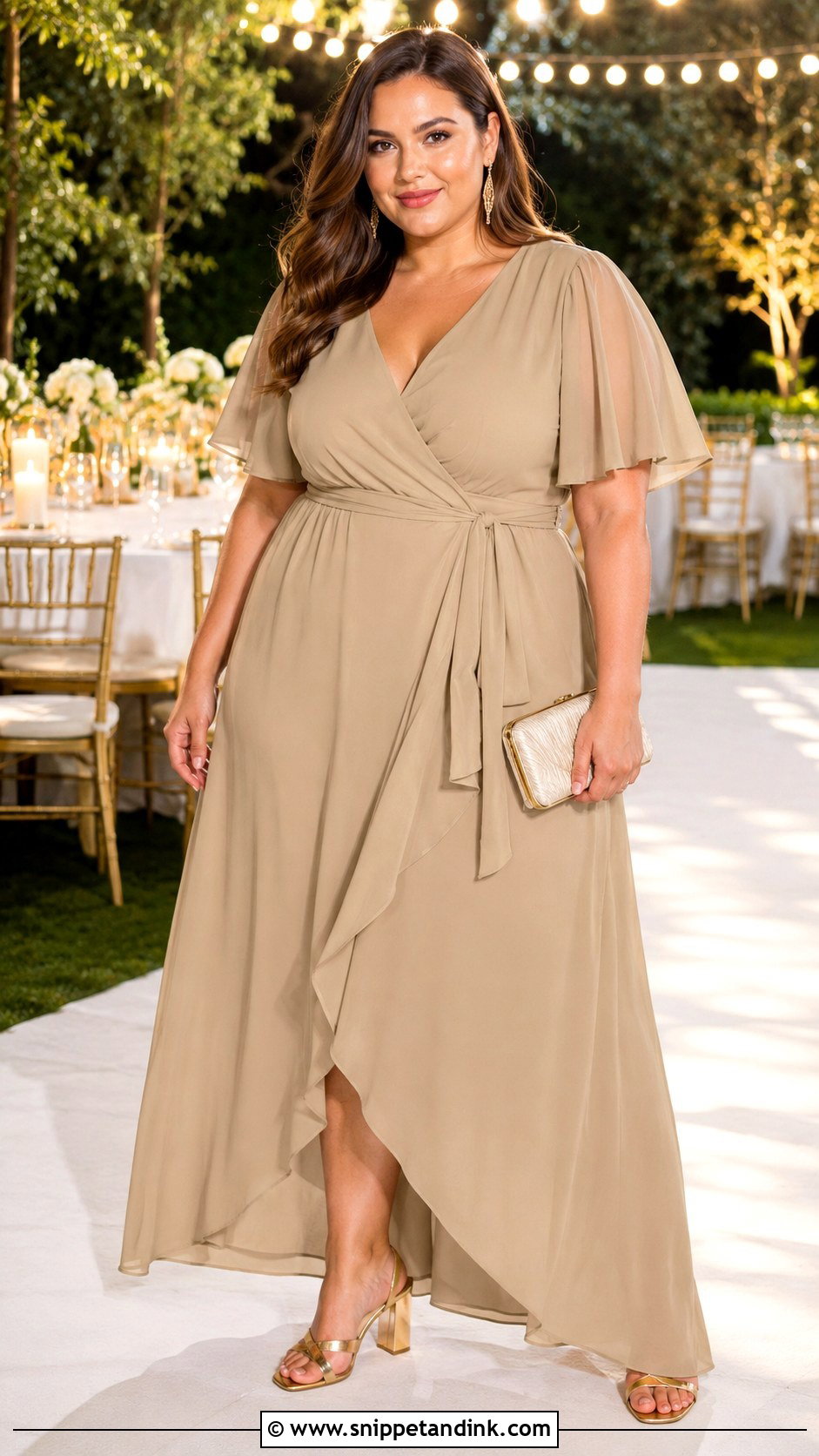 Plus Size Khaki Wrap Maxi Dress Wedding Outfit - Snippet and Ink - 20 Khaki Wedding Ideas