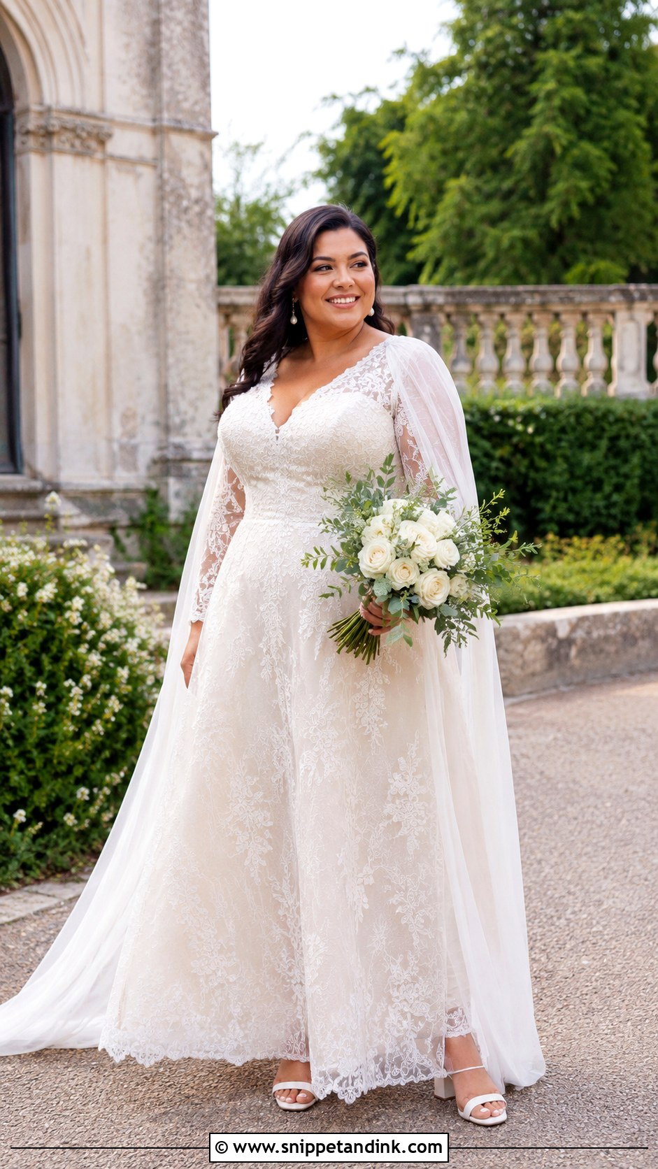 Plus Size Lace Wedding Dress With Cape - Snippet and Ink - 20 Lilly Collin’s Wedding Dress Ideas