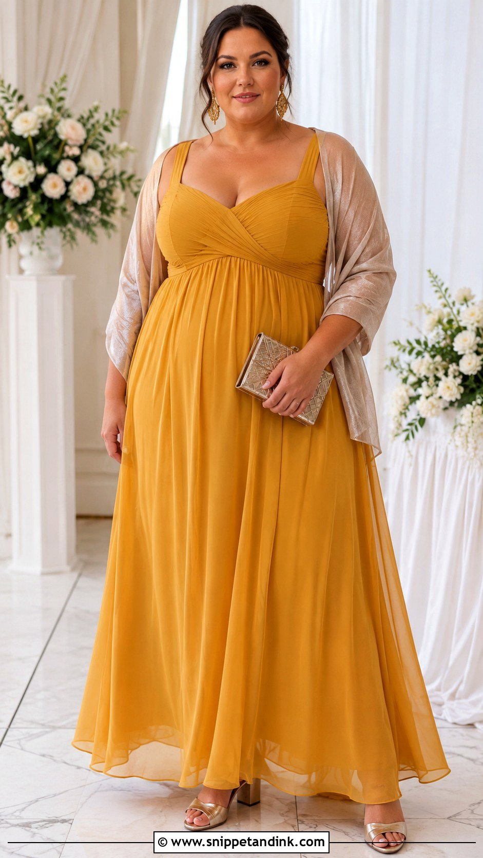 Plus Size Mustard Empire Waist Maxi Dress With Gold Heels - Snippet and Ink - 20 Mustard Dress Wedding Outfit Ideas