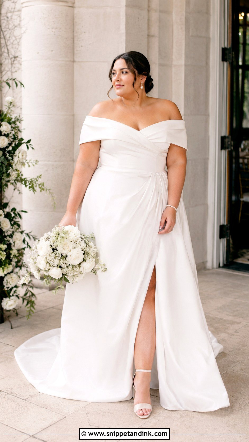 Plus Size Off Shoulder Wedding Dress With Pearl Jewelry - Snippet and Ink - 25 Unique Plus Size Wedding Dresses