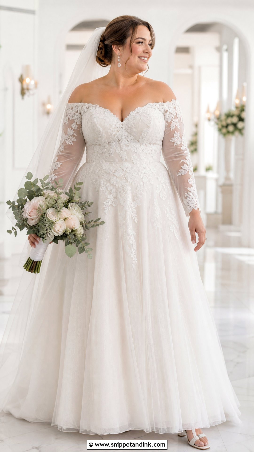 Plus Size Off the Shoulder Long Sleeve Wedding Dress - Snippet and Ink - 20 Off the Shoulder Long Sleeve Wedding Ideas