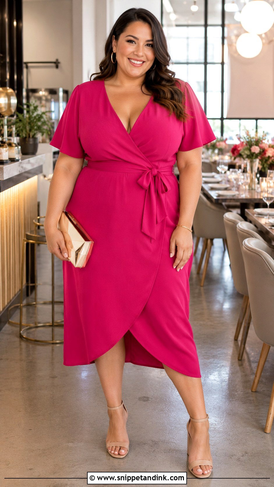 Plus Size Pink Wrap Dress Outfit - Snippet and Ink - 20 Pretty in Pink Bachelorette Party Outfit Ideas