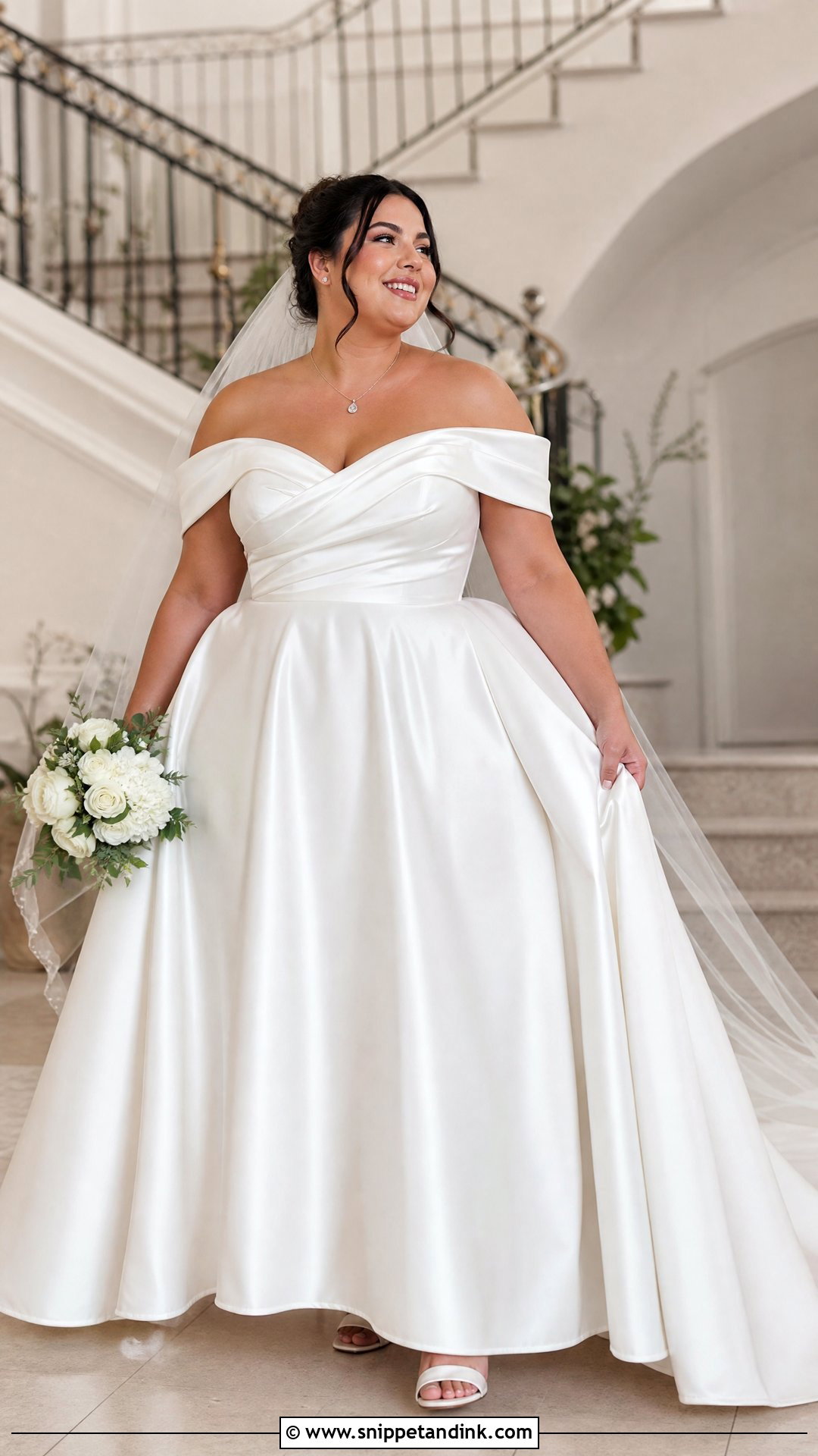 Plus Size Satin Off The Shoulder A Line Wedding Dress - Snippet and Ink - 20 Plus Size a Line Wedding Dresses