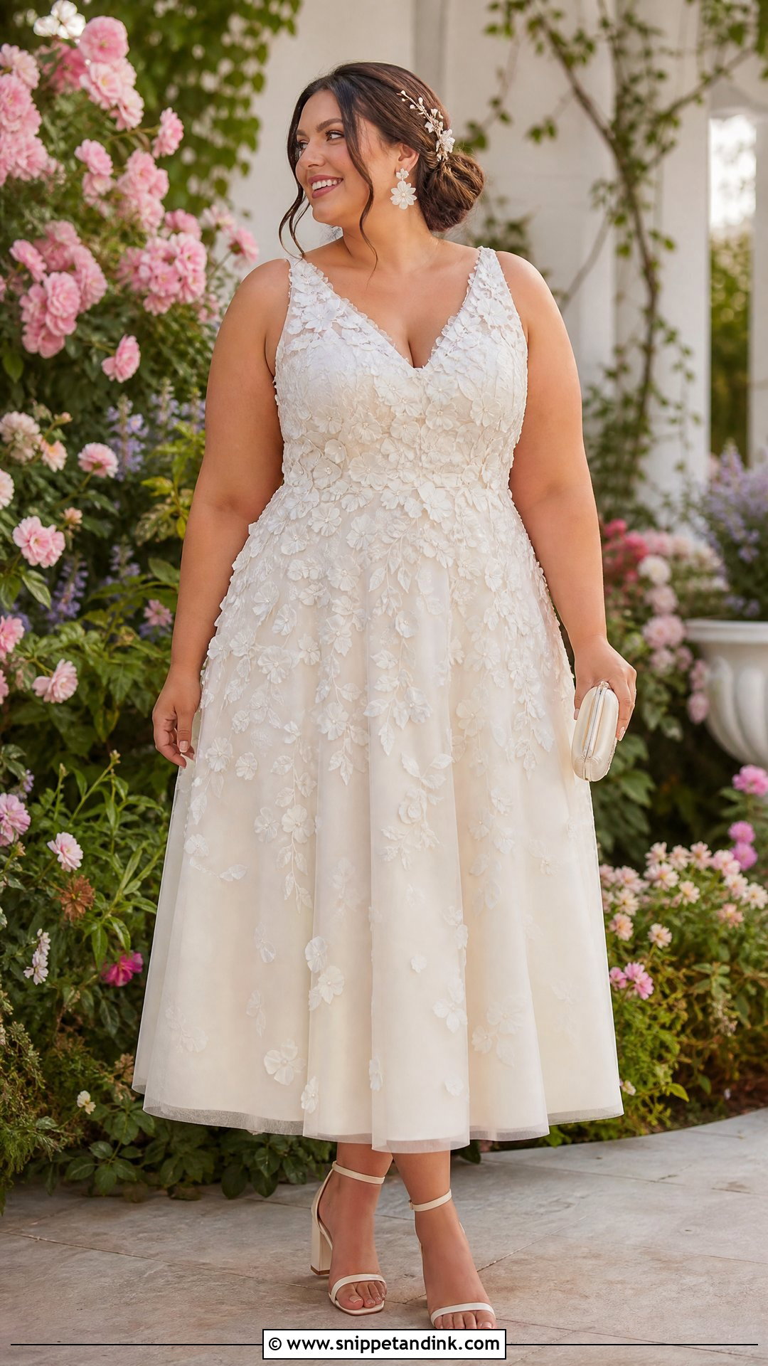 Plus Size Tea Length Floral Applique Wedding Dress - Snippet and Ink - 20 Plus Size Tea Length Wedding Dress Ideas