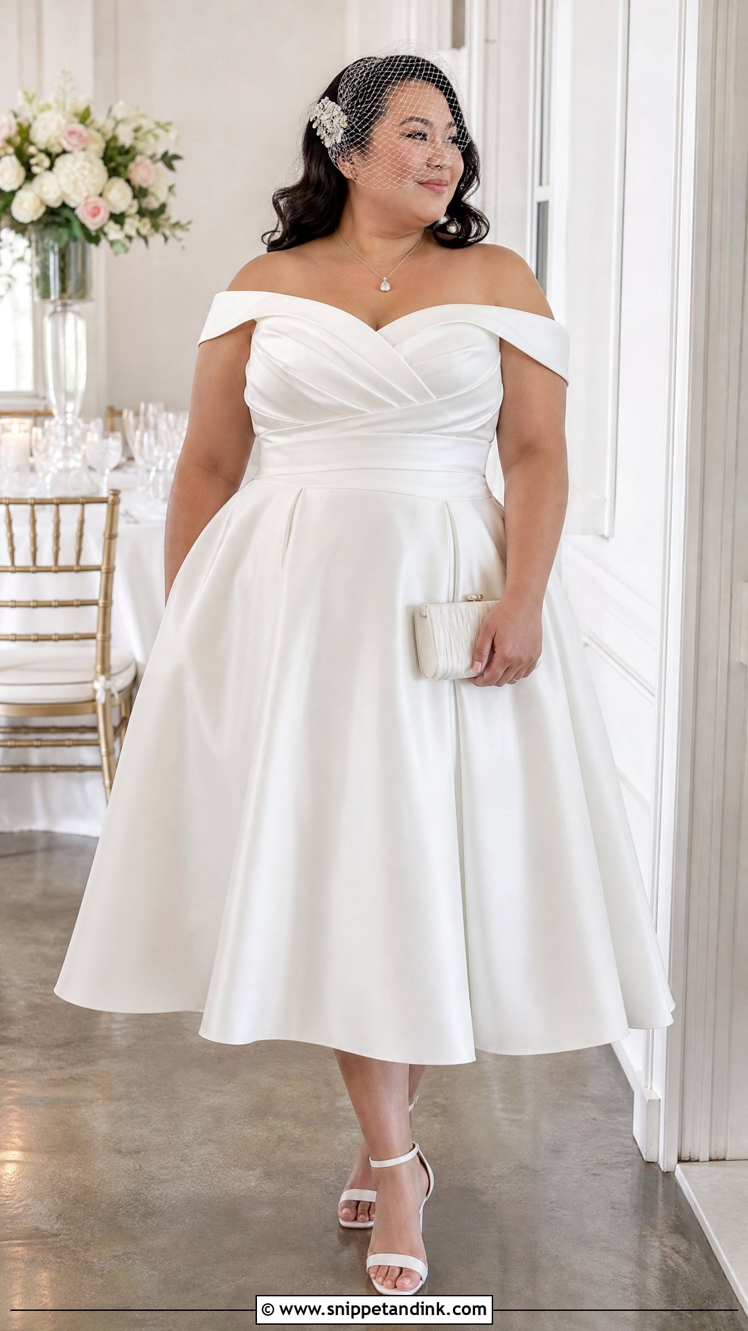 Plus Size Tea Length Off The Shoulder Wedding Dress - Snippet and Ink - 20 Plus Size Tea Length Wedding Dress Ideas