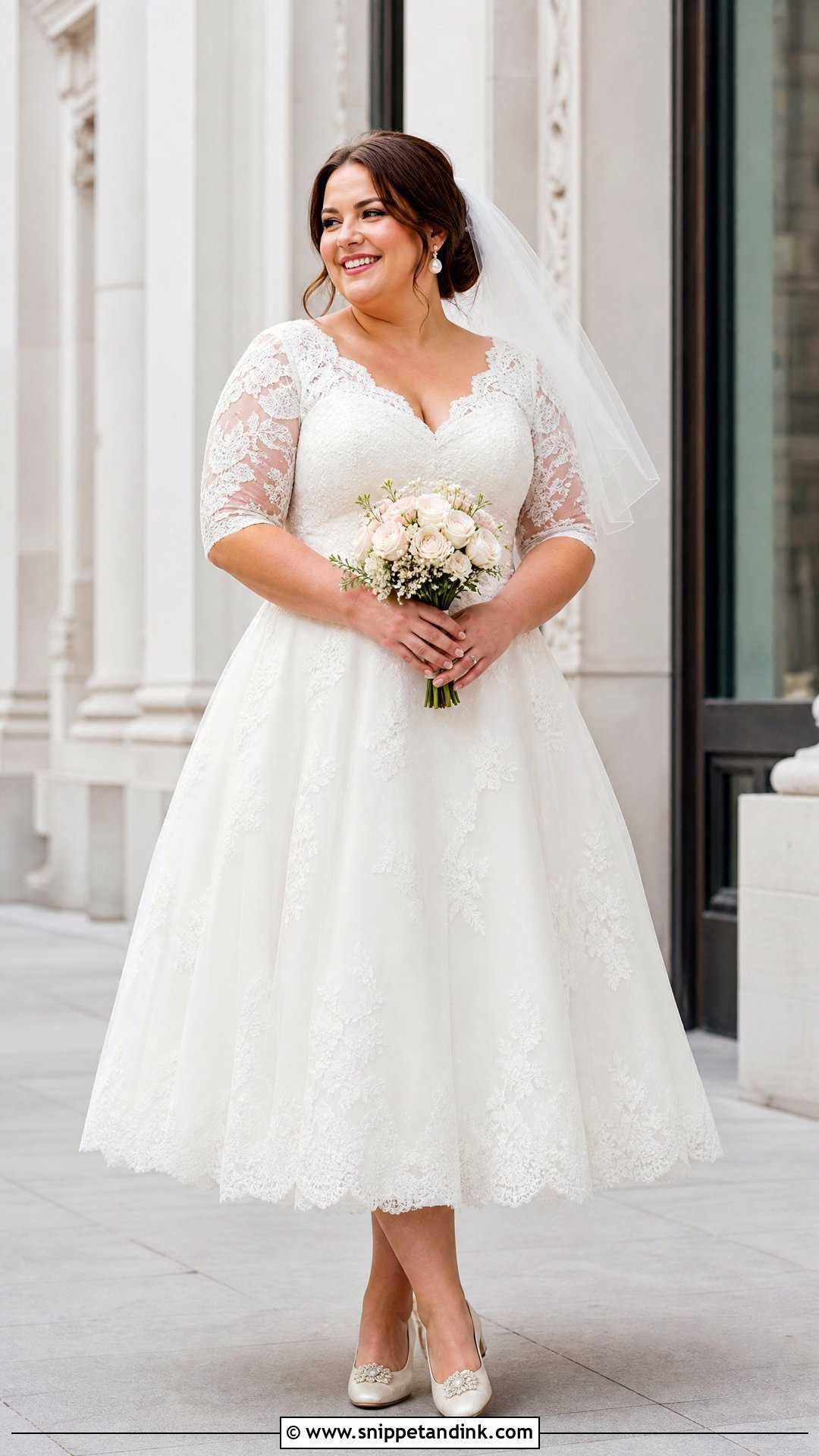 Plus Size Tea Length Wedding Dress With Elbow Sleeves - Snippet and Ink - 20 Plus Size Wedding Dress with Sleeves