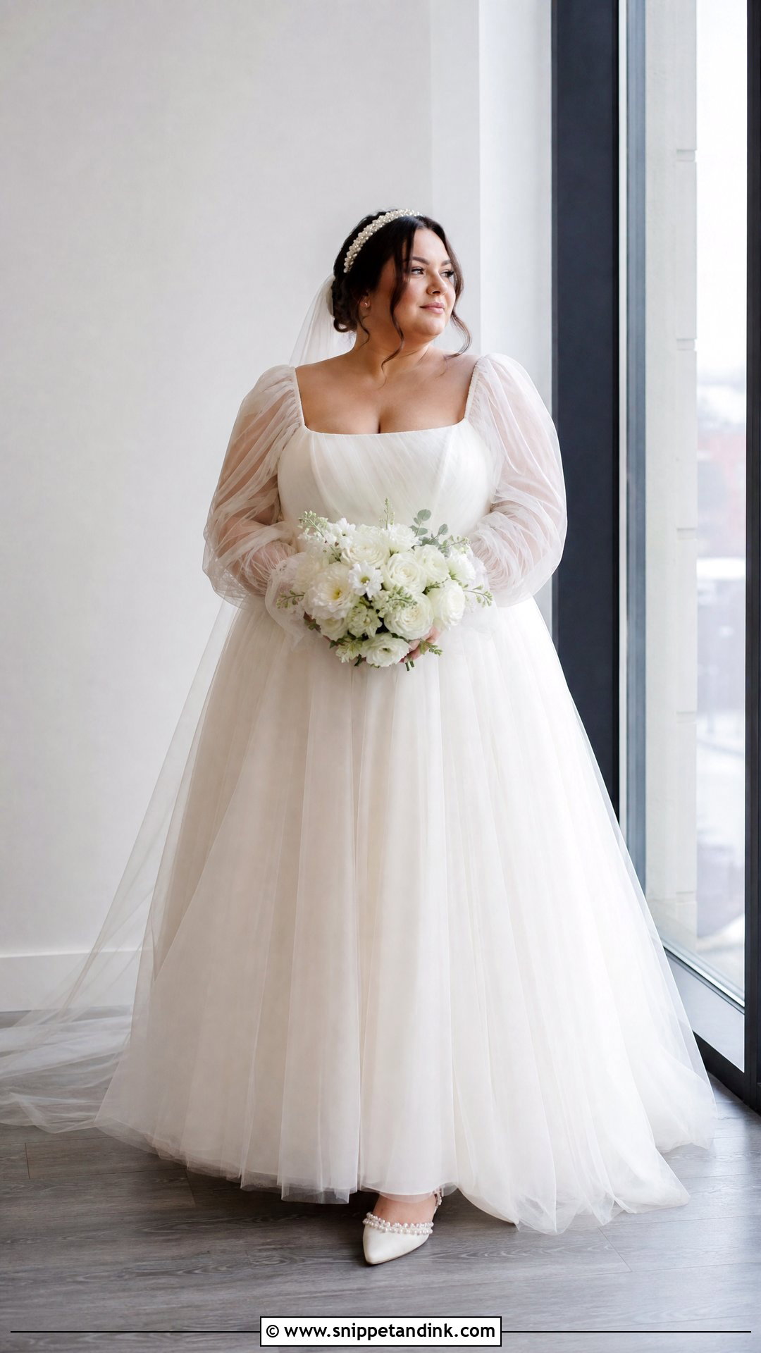 Plus Size Tulle Wedding Dress With Square Neck And Sleeves - Snippet and Ink - 20 Plus Size Wedding Dress with Sleeves