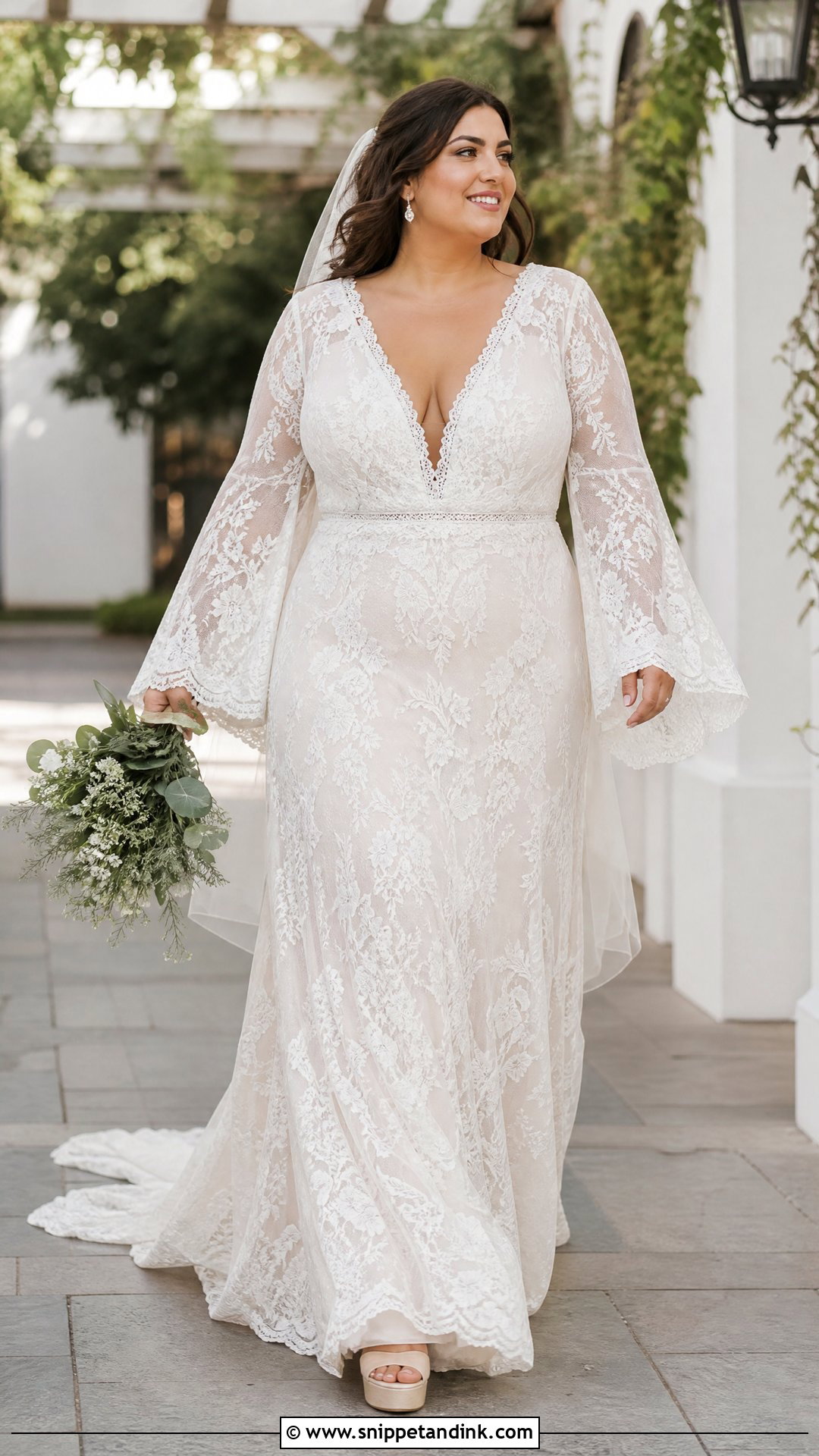 Plus Size V Neck Wedding Dress With Bell Sleeves - Snippet and Ink - 20 Plus Size Wedding Dress with Sleeves