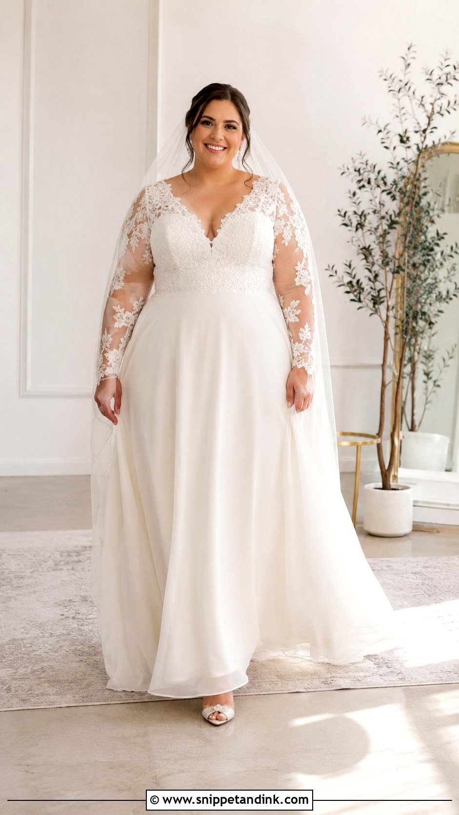 Plus Size V Neck Wedding Dress With Sleeves - Snippet and Ink - 25 Plus Size Wedding Dresses with Sleeves