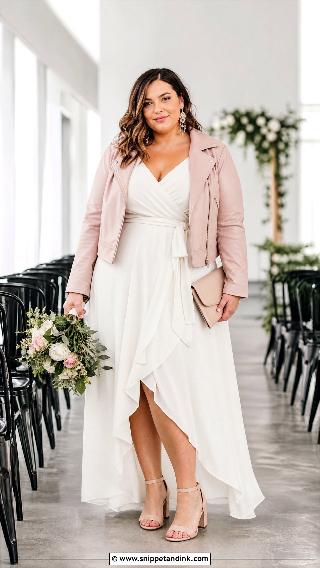 Plus Size Wedding Leather Jacket With Wrap Dress - Snippet and Ink - 20 Wedding Leather Jacket Ideas