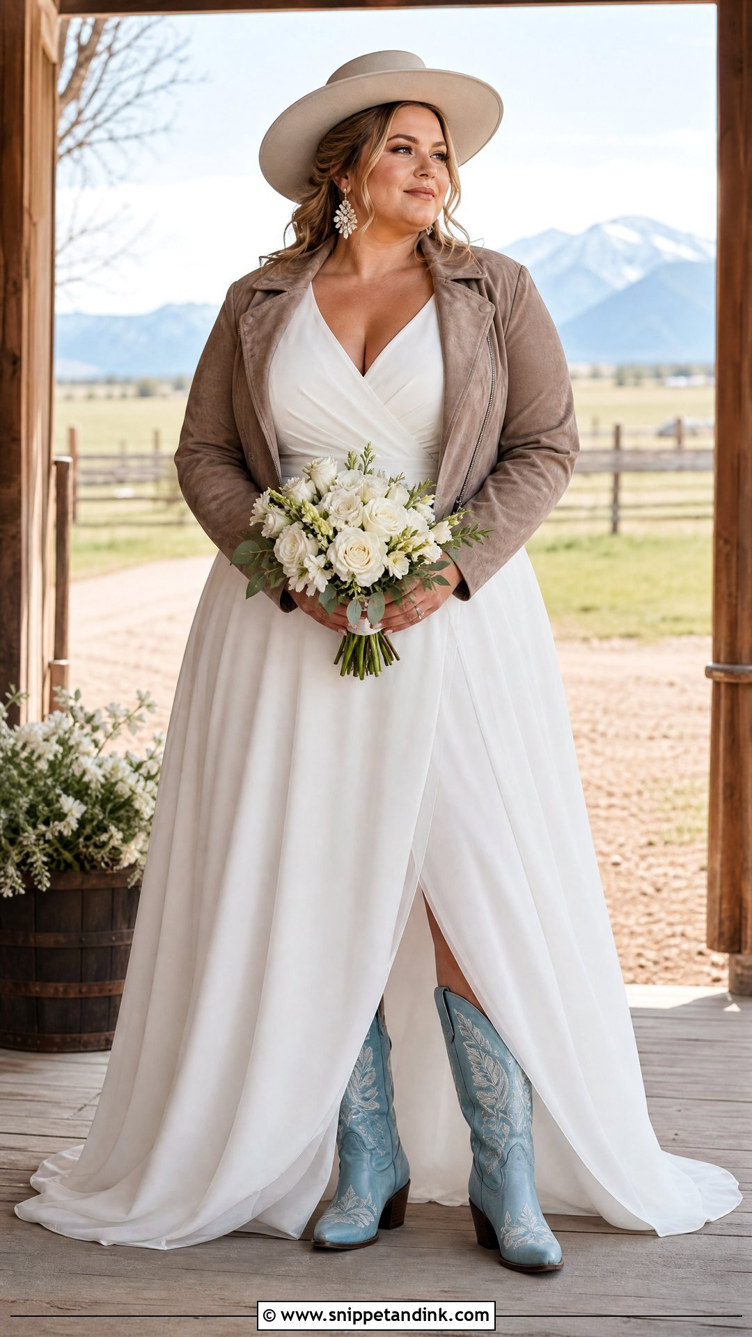 Plus Size Western Bride Wrap Gown With Boots - Snippet and Ink - 20 Western Bride Outfit Ideas