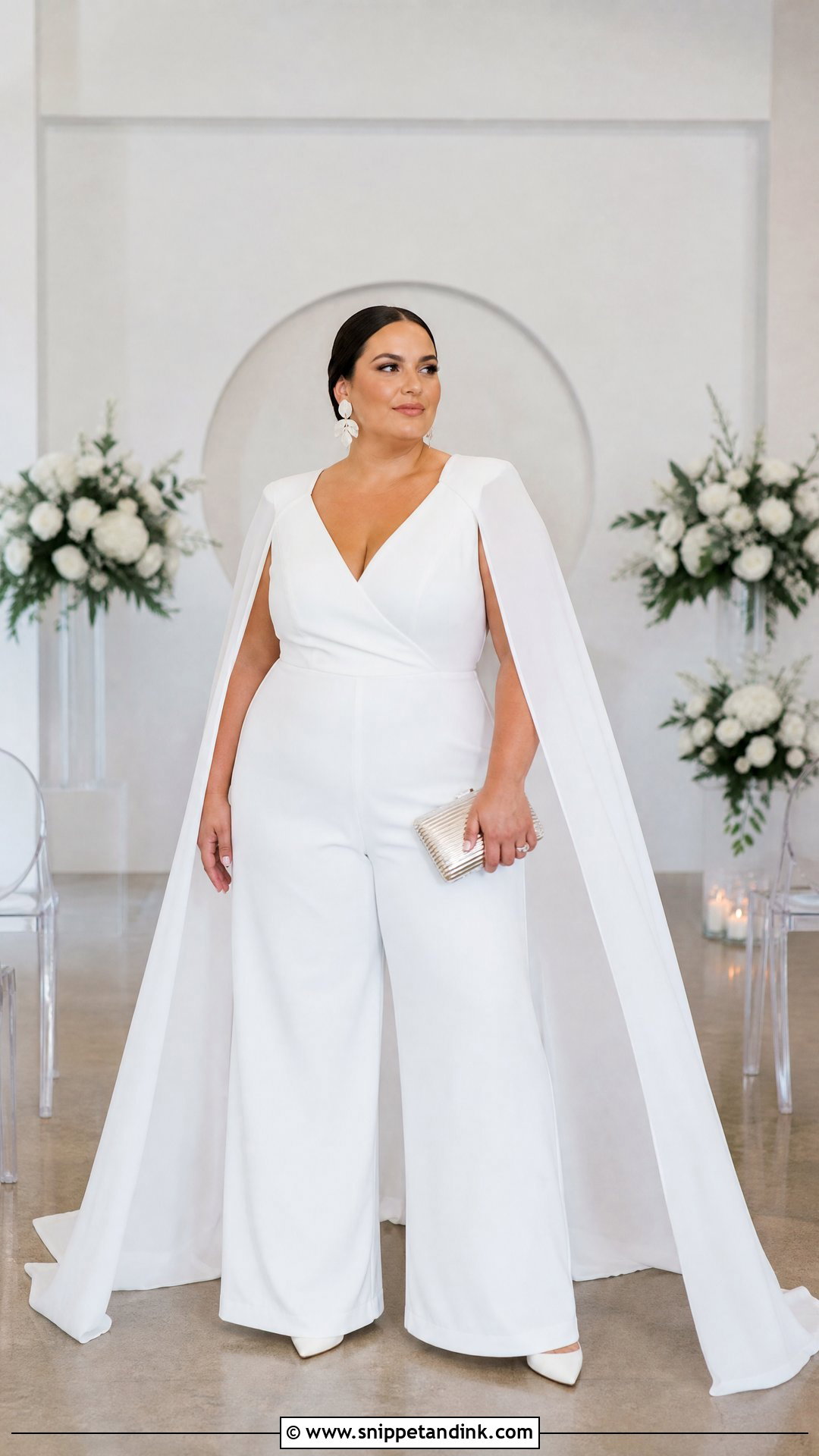 Plus Size White Bridal Jumpsuit With Cape - Snippet and Ink - 20 Non Traditional Wedding Dress Plus Size Ideas