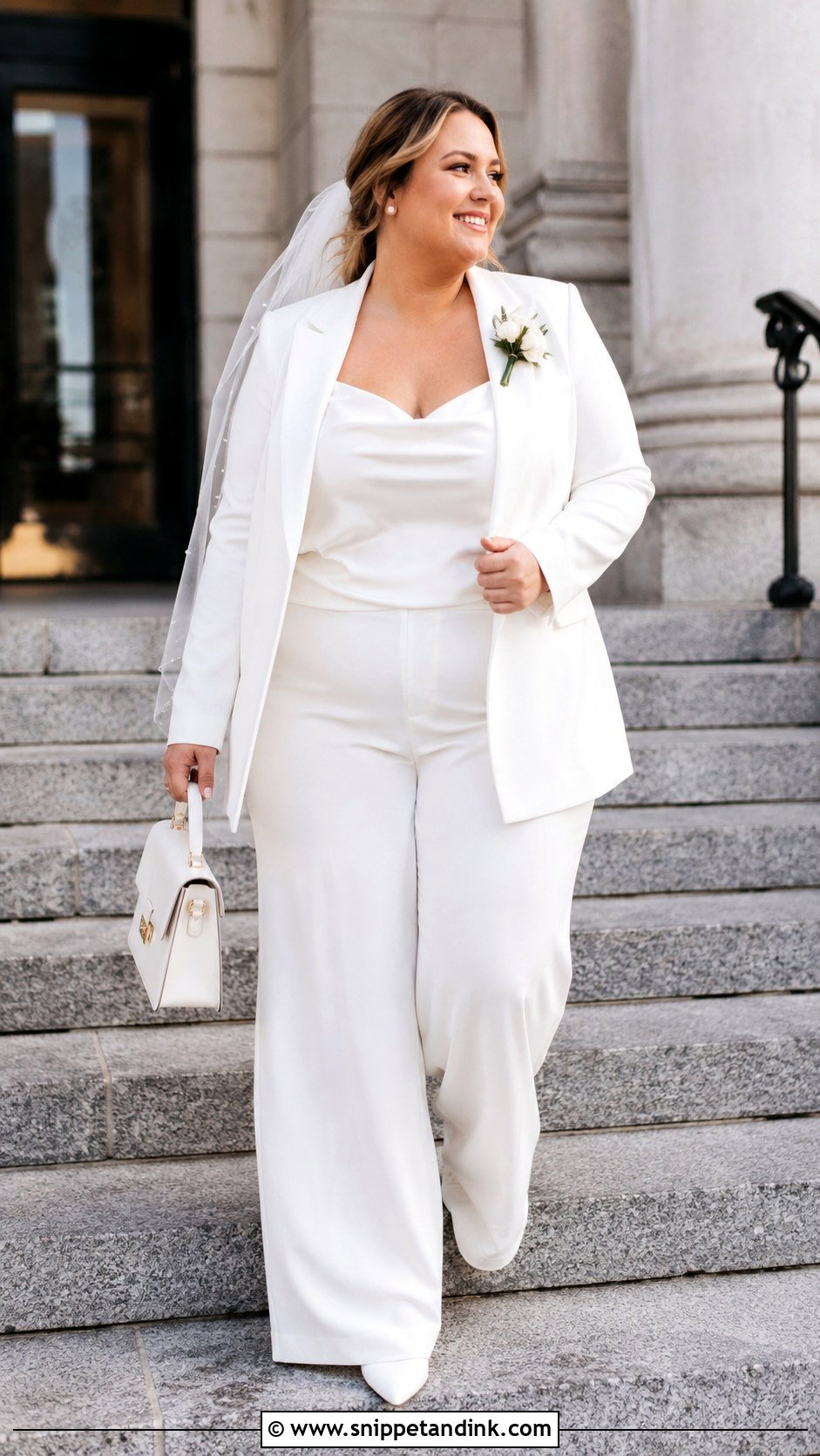 Plus Size White Pantsuit Courthouse Wedding Outfit - Snippet and Ink - 20 Courthouse Wedding Dress Plus Size Ideas