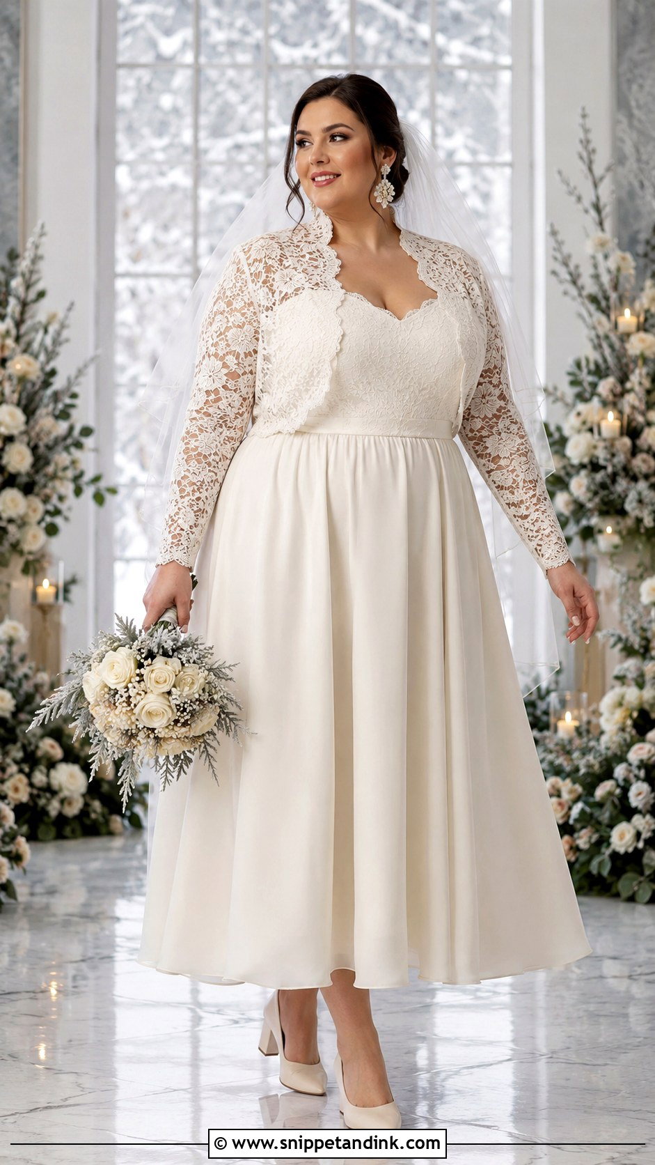Plus Size Winter Bridal A Line Gown With Lace Bolero - Snippet and Ink - 20 Winter Bridal Outfit Ideas