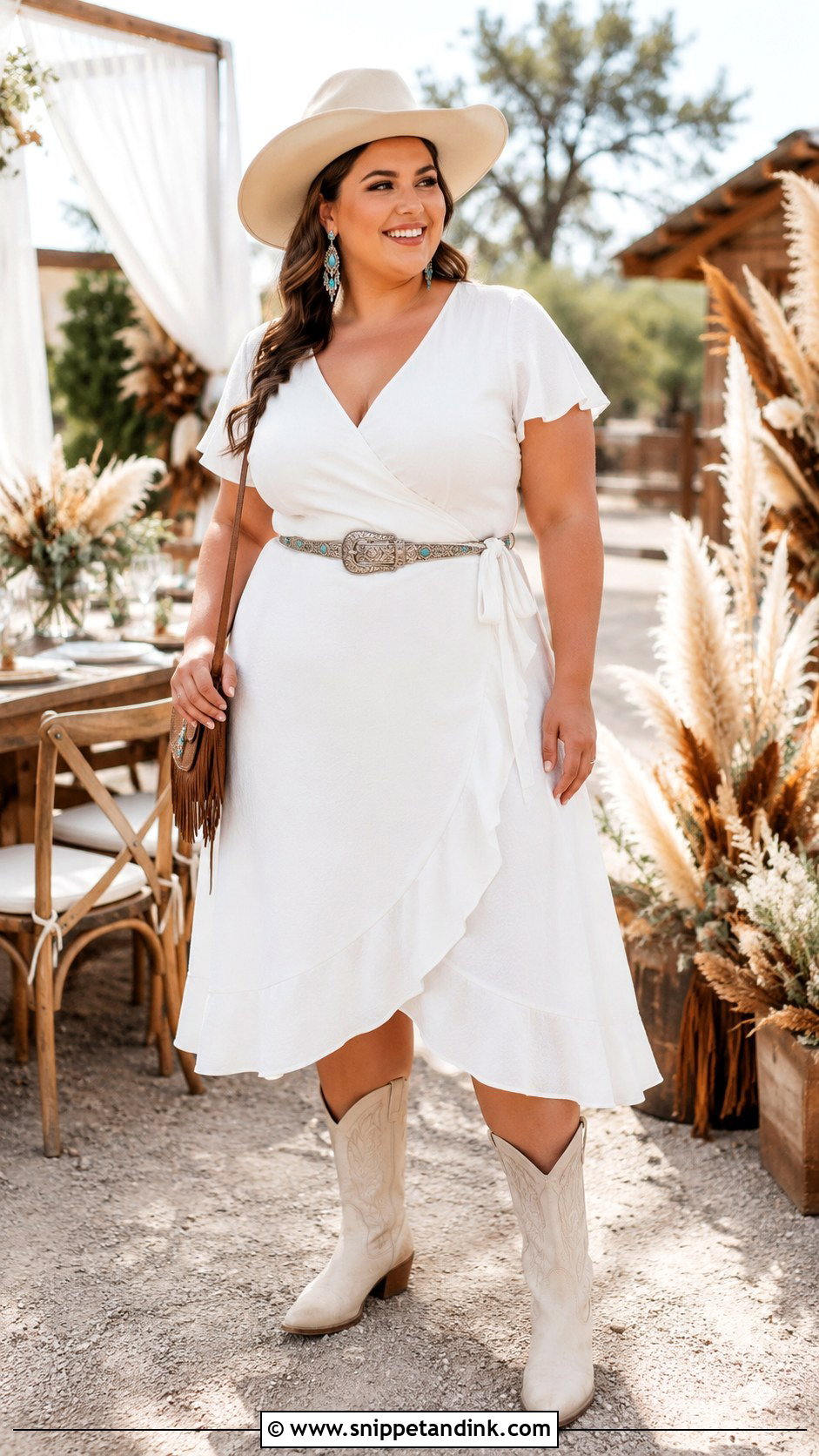 Plus Size Wrap Dress Bridal Cowgirl Outfit - Snippet and Ink - 20 Bridal Cowgirl Outfit Ideas