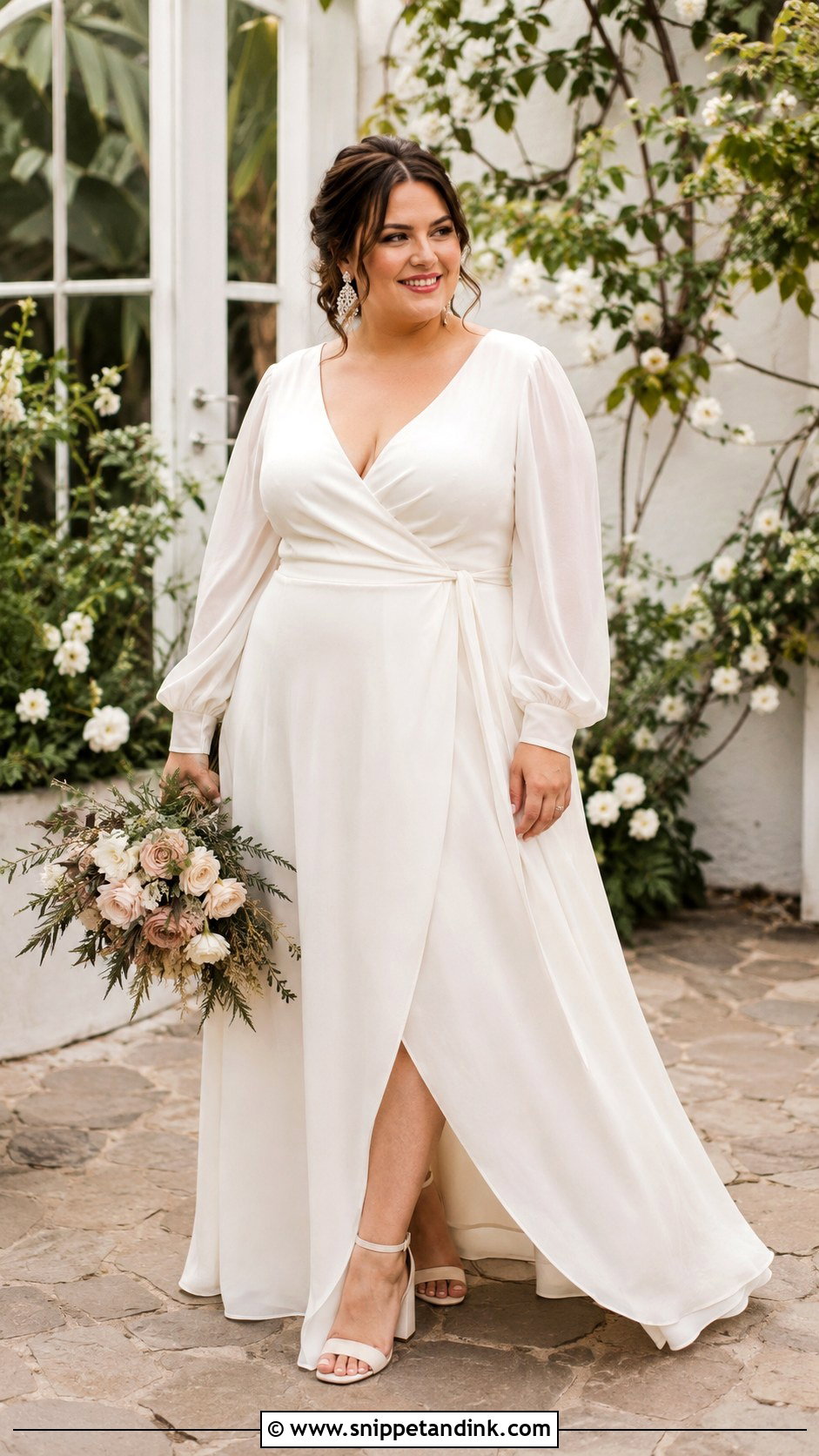 Plus Size Wrap Long Sleeve Elopement Dress - Snippet and Ink - 20 Long Sleeve Elopement Dress Ideas