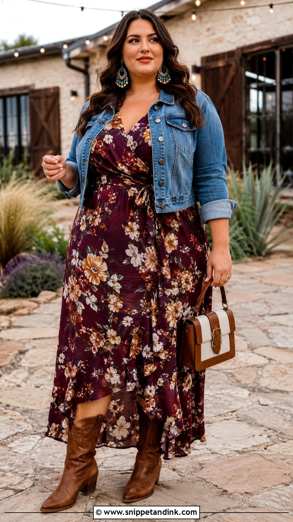 Plus Size Wrap Maxi Dress With Western Boots - Snippet and Ink - 20 Western Rehearsal Dinner Outfit Ideas