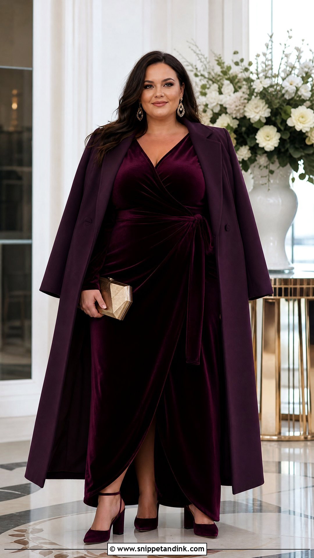 Plus Size Wrap Maxi Winter Wedding Outfit - Snippet and Ink - 20 Winter Outfits for Wedding