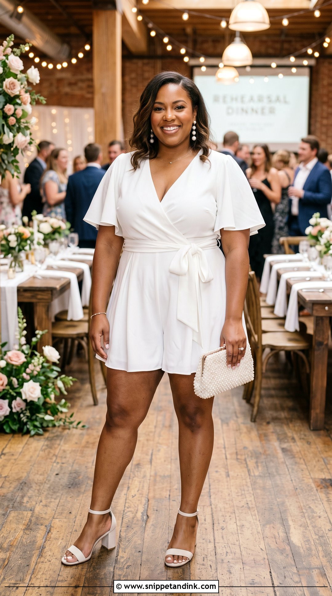 Plus Size Wrap Wedding Romper With Block Heels - Snippet and Ink - 20 Wedding Rompers Ideas
