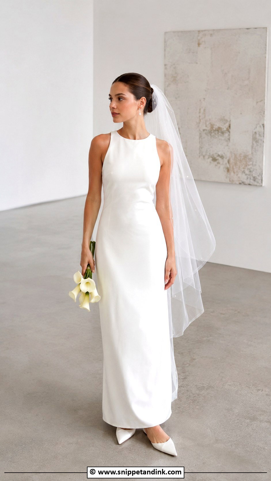 Pointed Toe Bridal Flats With A Column Dress - Snippet and Ink - 30 Bridal Footwear Ideas