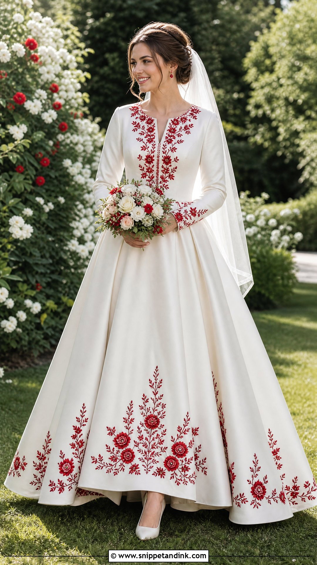 Polish Wedding Dress With Red Floral Embroidery - Snippet and Ink - 20 Polish Wedding Dress Ideas