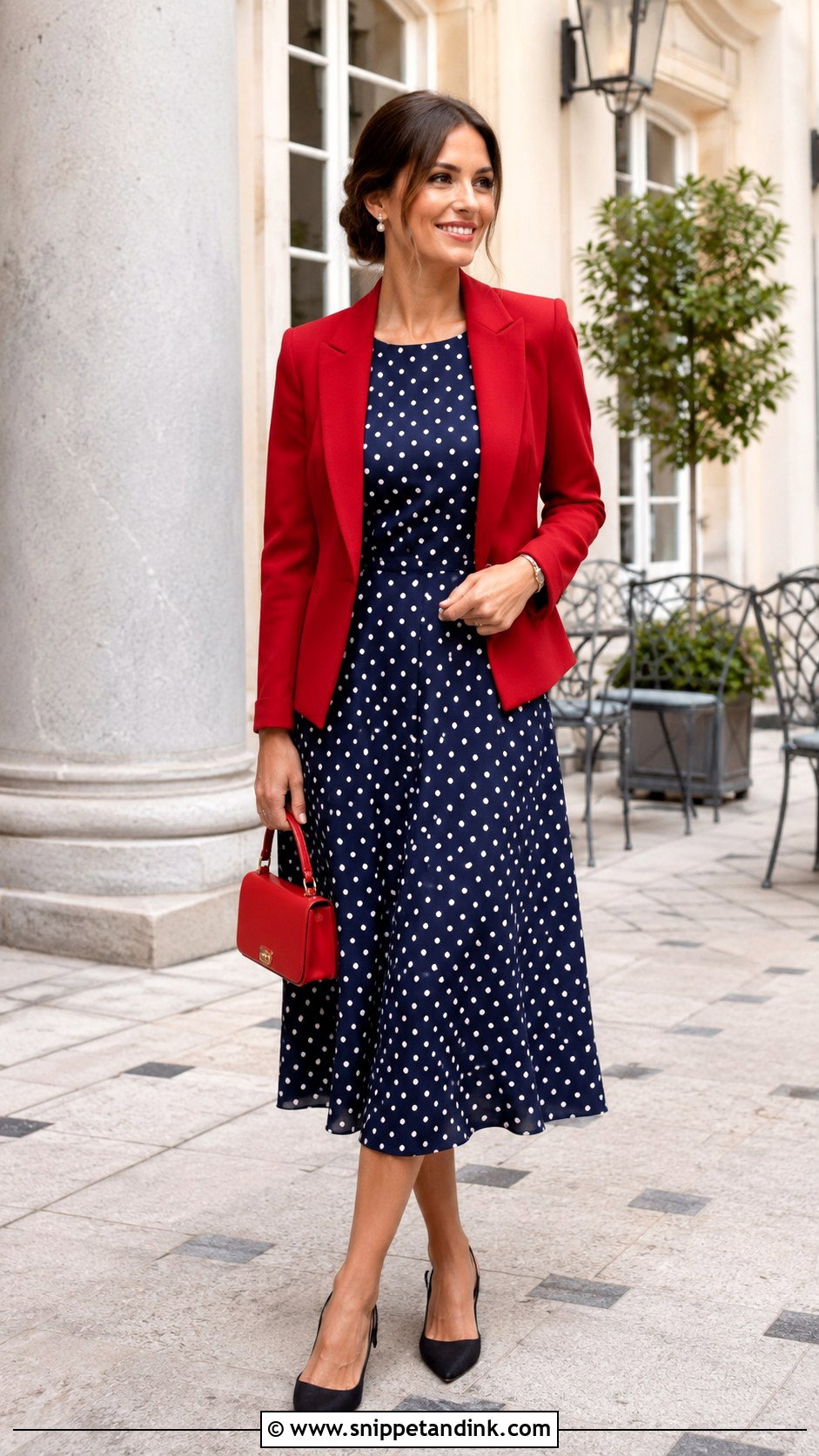 Polka Dot Dress and Red Blazer Wedding Outfit - Snippet and Ink - 20 Dress and Blazer Outfit Wedding Ideas
