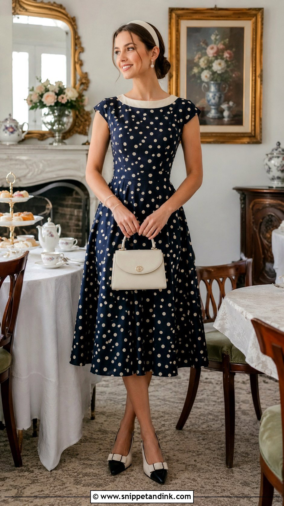 Polka Dot Midi Dress Bridal Tea Party Outfit - Snippet and Ink - 20 Bridal Tea Party Outfit Ideas