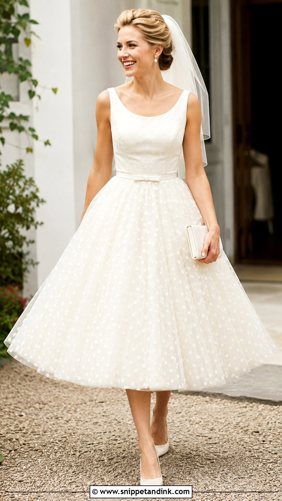 Polka Dot Tea Length 50s Wedding Dress - Snippet and Ink - 20 50s Inspired Wedding Dress Ideas