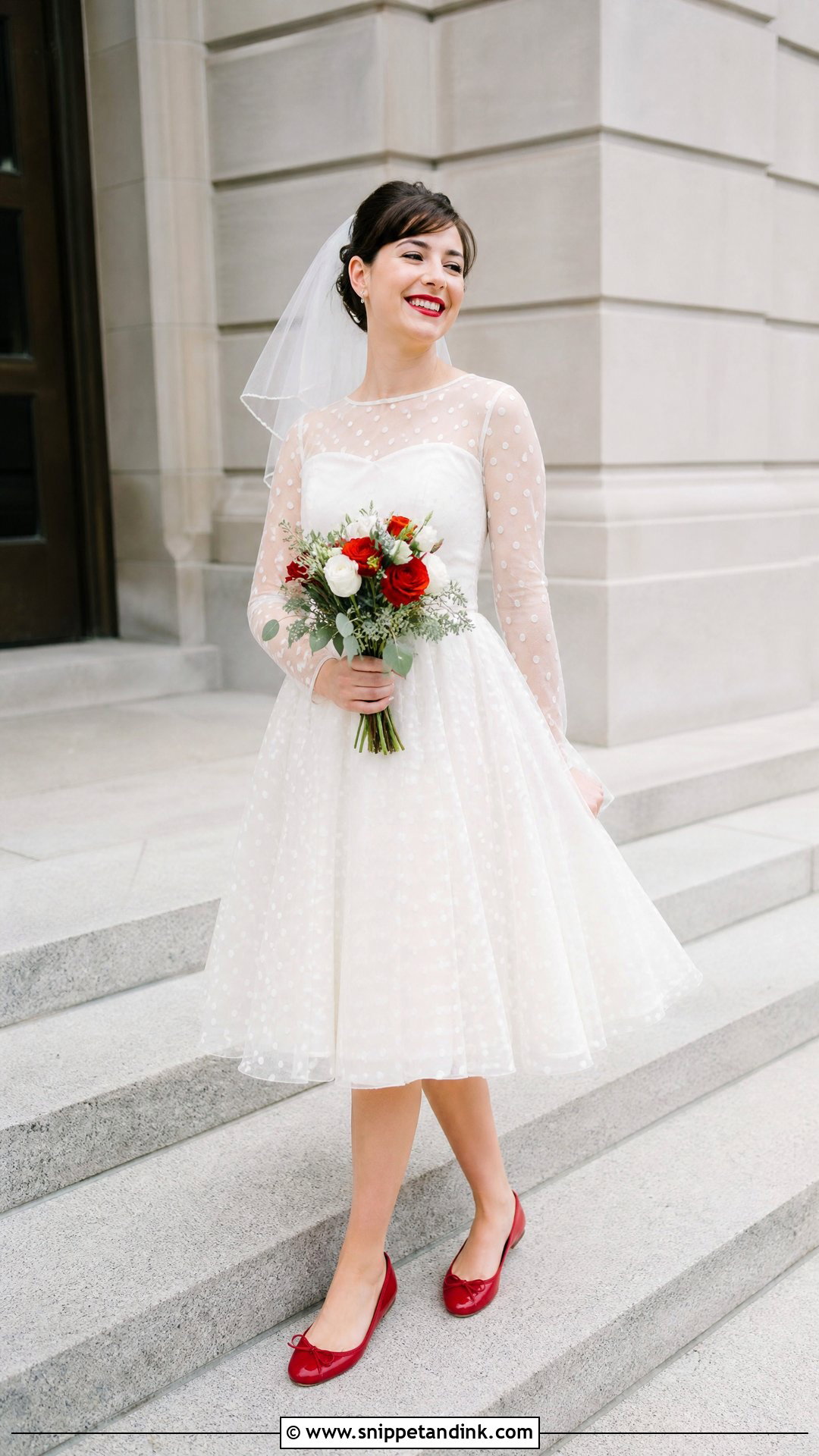 Polka Dot Wedding Dress With Red Flats - Snippet and Ink - 25 Quirky Wedding Dress Ideas